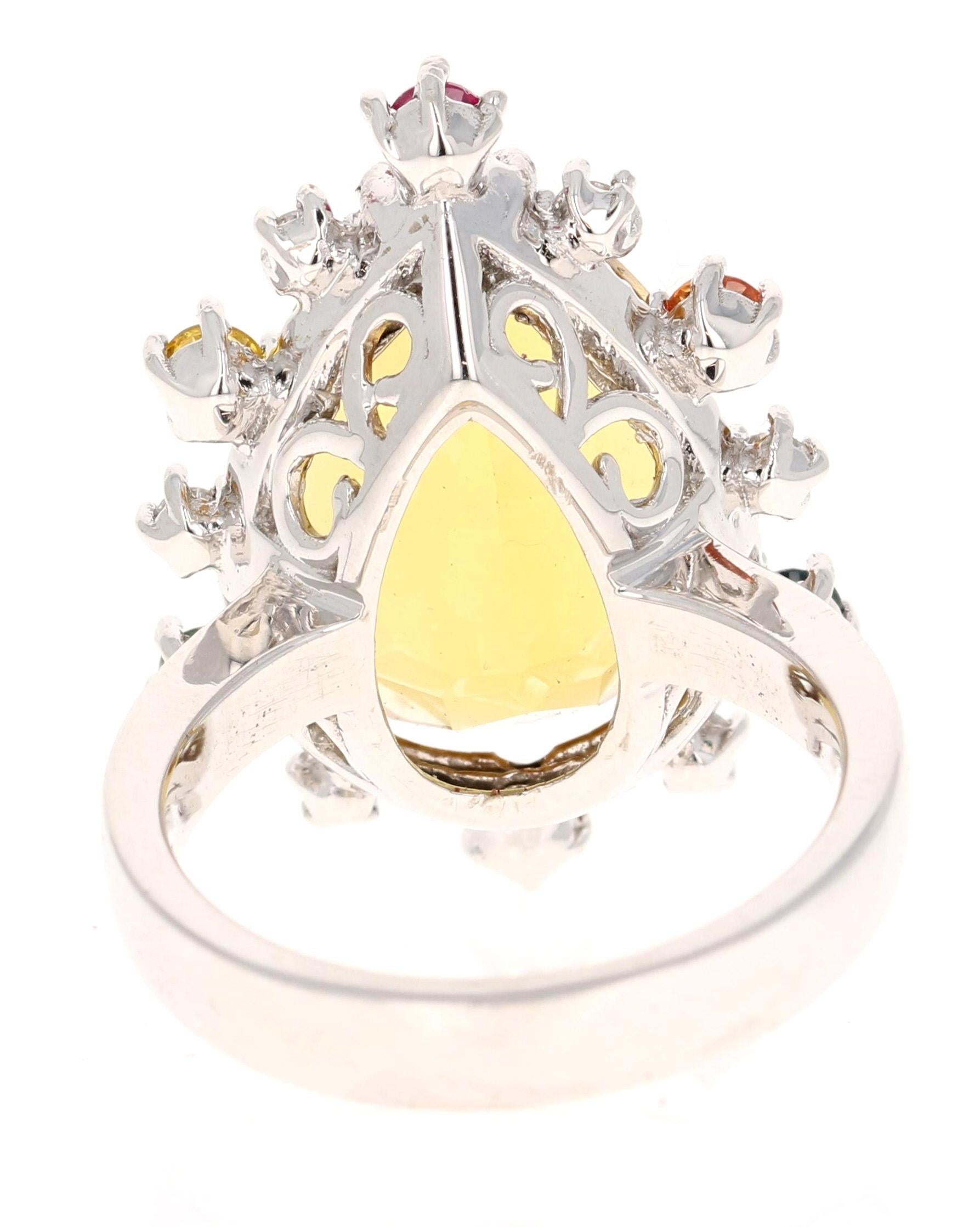 12.25 Carat Pear Cut Citrine Sapphire Diamond Yellow Gold Cocktail Ring In New Condition For Sale In Los Angeles, CA
