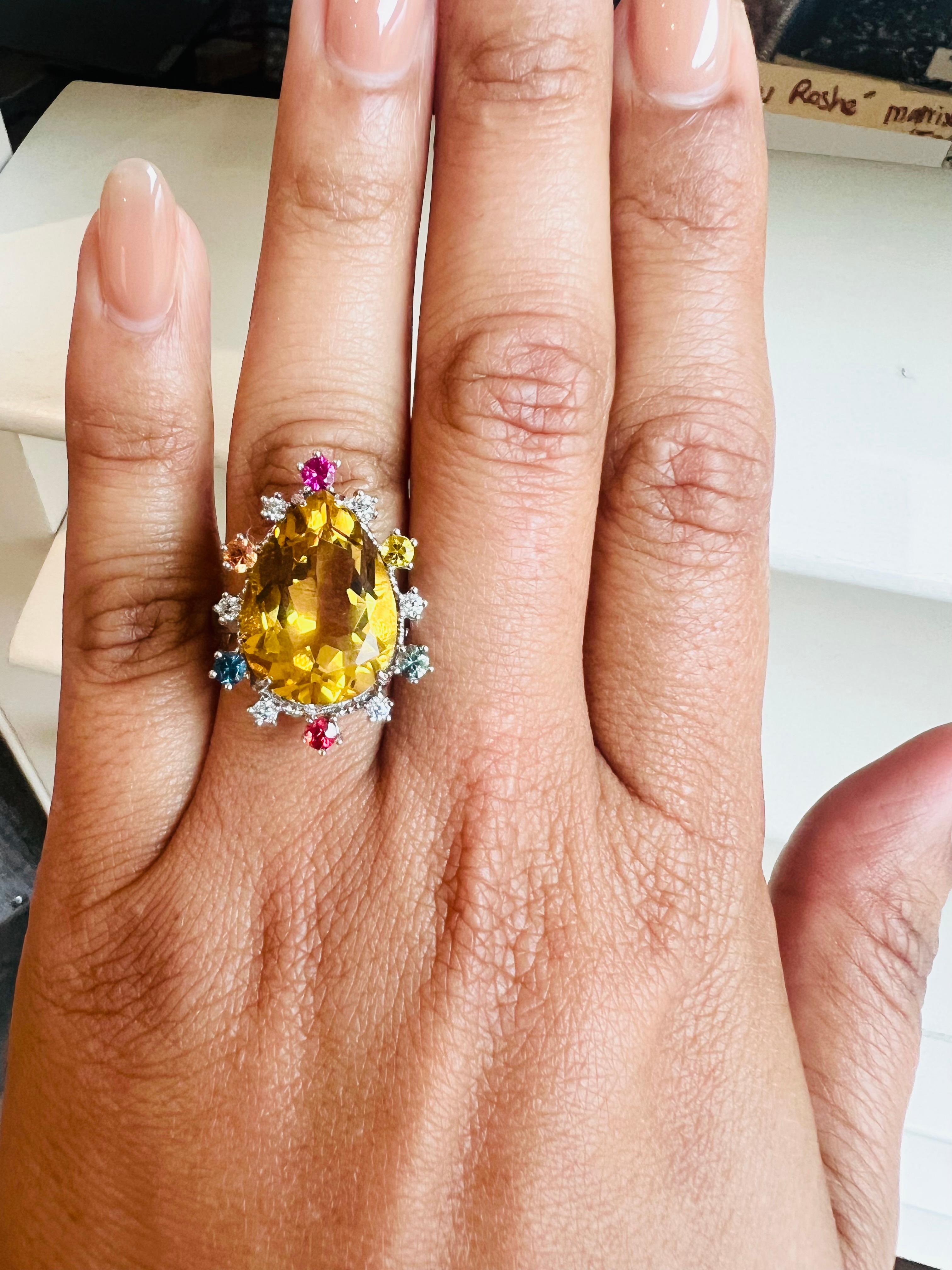 Women's 12.25 Carat Pear Cut Citrine Sapphire Diamond Yellow Gold Cocktail Ring For Sale