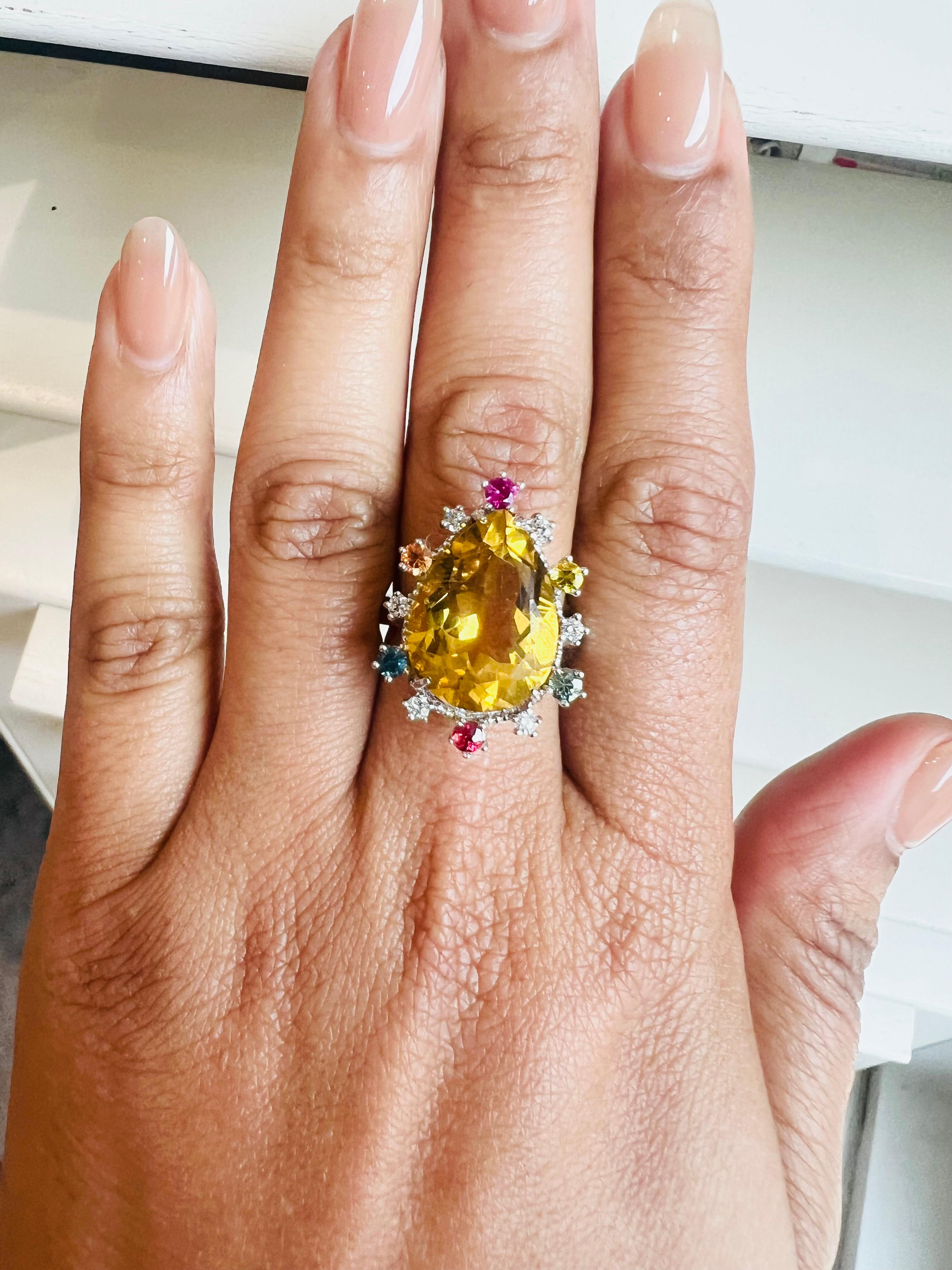 12.25 Carat Pear Cut Citrine Sapphire Diamond Yellow Gold Cocktail Ring For Sale 1