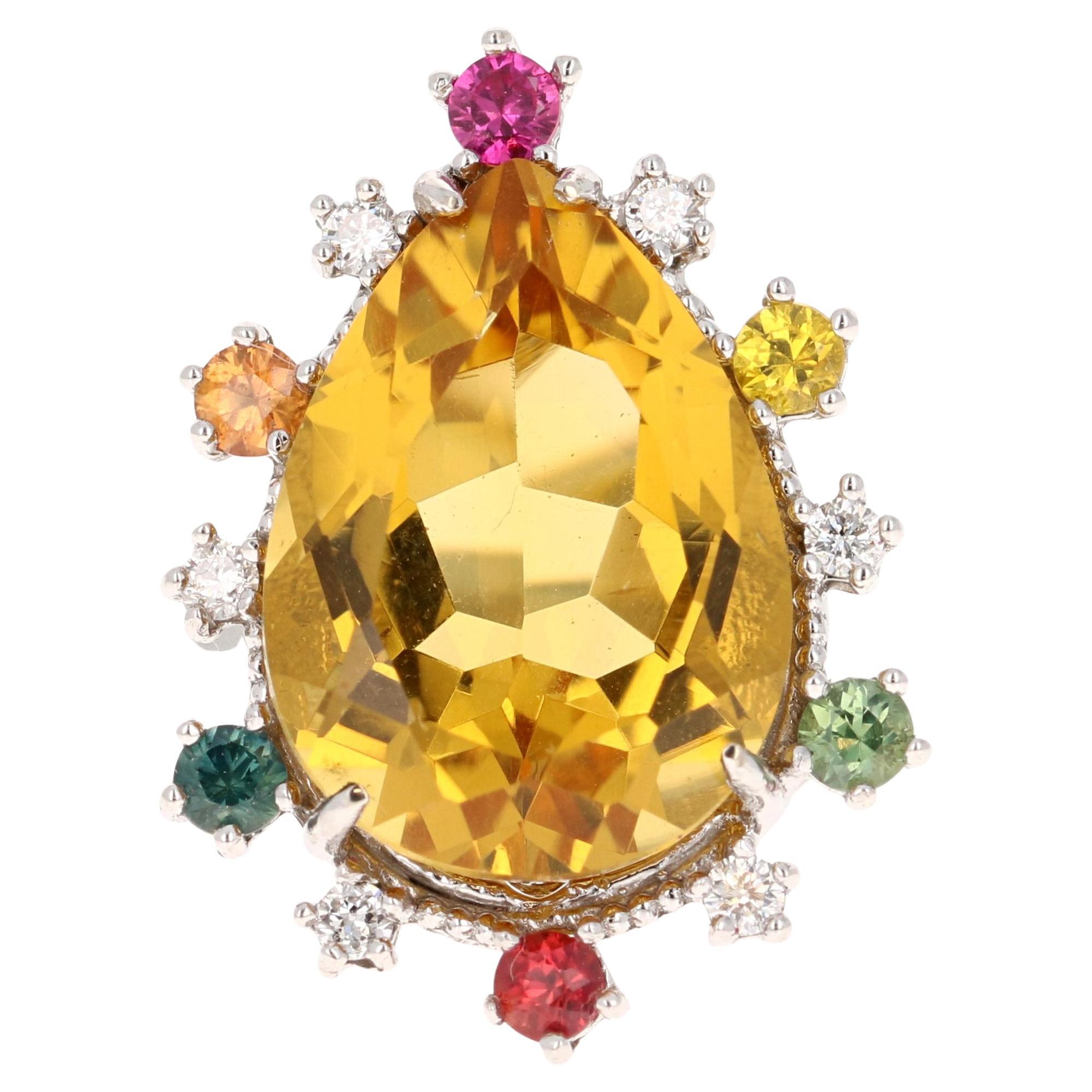 12.25 Carat Pear Cut Citrine Sapphire Diamond Yellow Gold Cocktail Ring