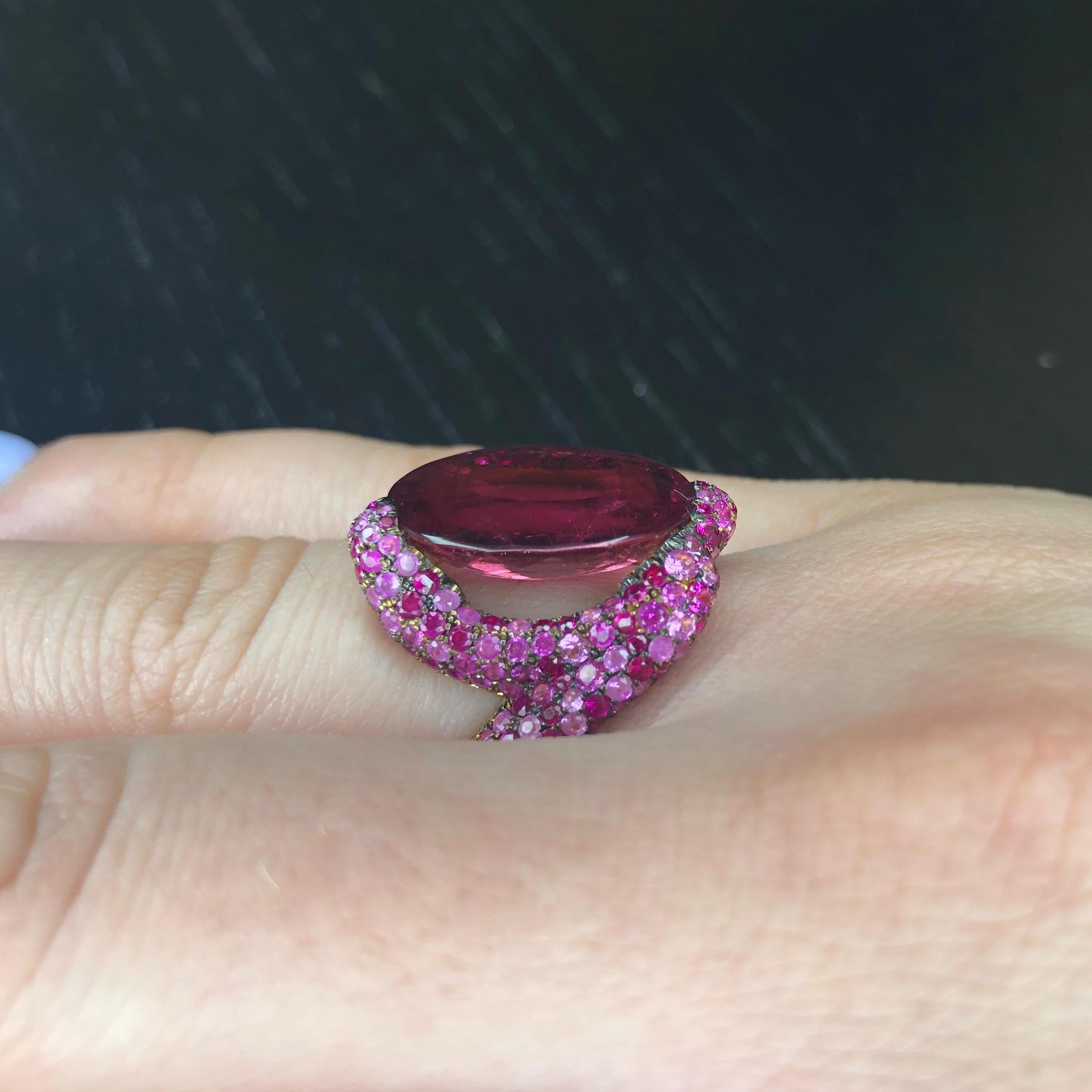 12.25 Carat Rubellite Tourmaline and Pave Sapphire Ring In New Condition For Sale In New York, NY