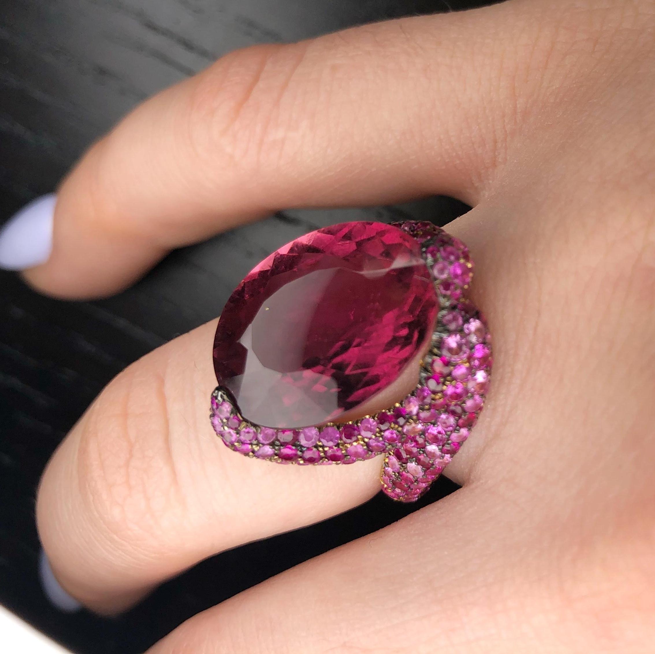 Women's or Men's 12.25 Carat Rubellite Tourmaline and Pave Sapphire Ring For Sale