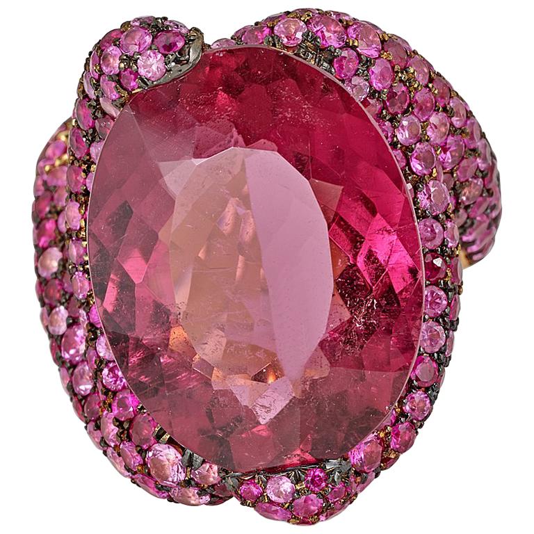 12.25 Carat Rubellite Tourmaline and Pave Sapphire Ring For Sale