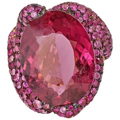 12.25 Carat Rubellite Tourmaline and Pave Sapphire Ring