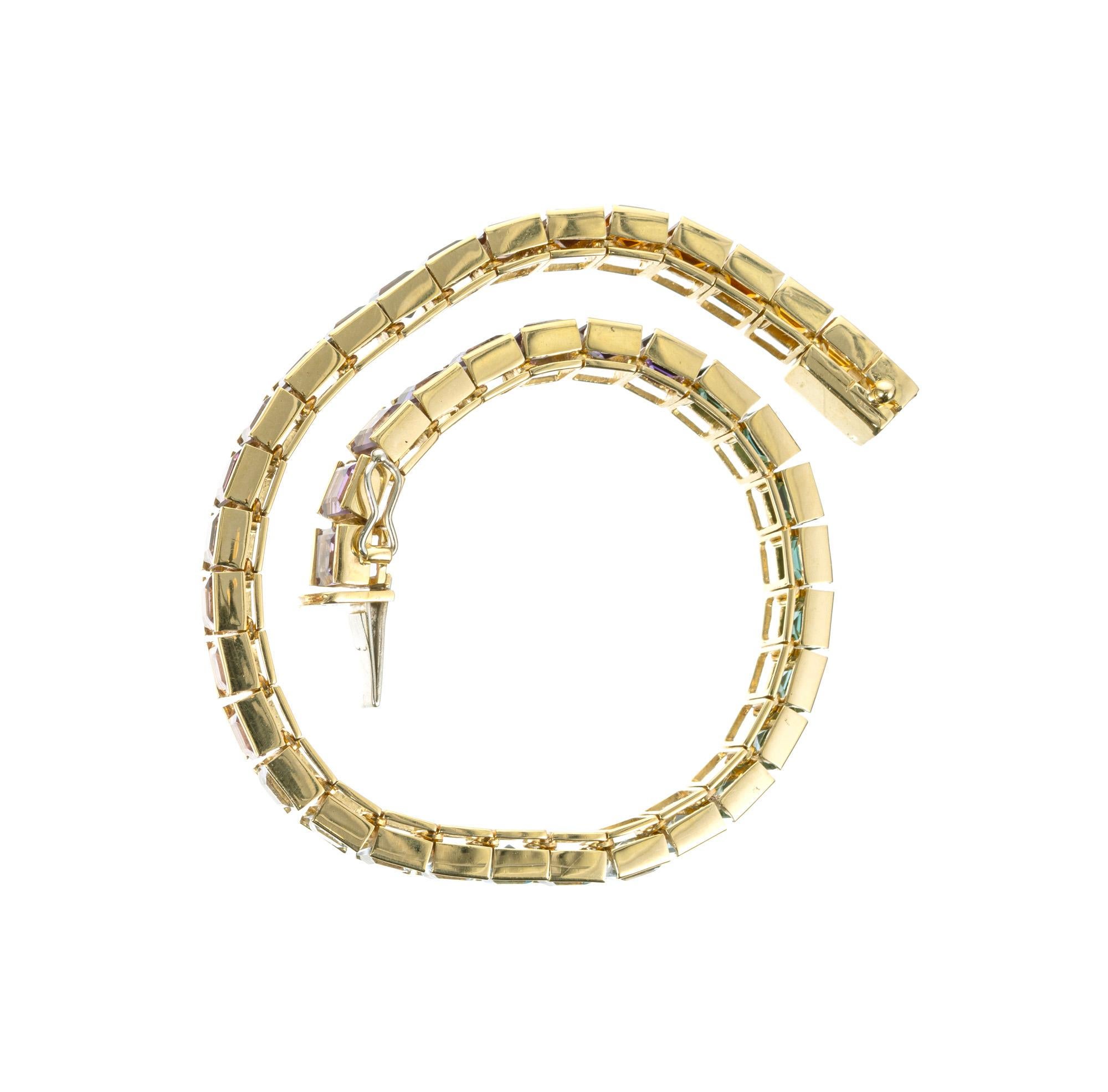 Square Cut 12.25 Carat Square Multi Color Gemstone Yellow Gold Bracelet  For Sale