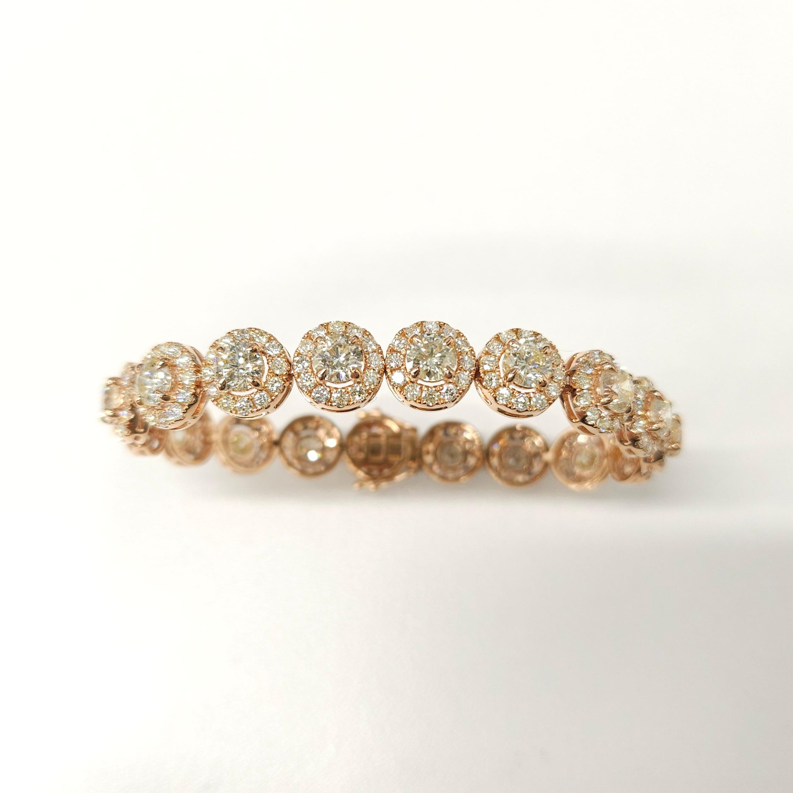 12.25 Carat Total Round Diamond Halo Tennis Bracelet in 18K Rose Gold For Sale 2