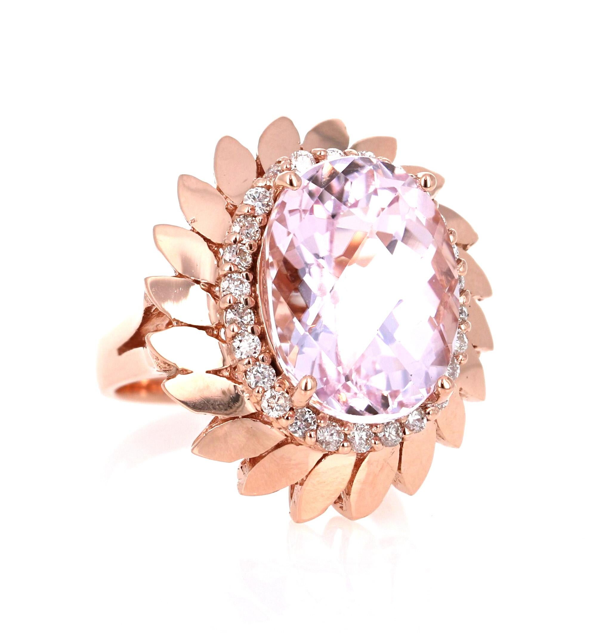 Stunningly unique setting that will be a crowd pleaser and the Kunzite in the center of this Cocktail Ring is a fancy alternative to a Pink Diamond! 

This Kunzite Diamond Ring has a 11.70 Oval Cut Kunzite as its center and has a Halo of 26 Round