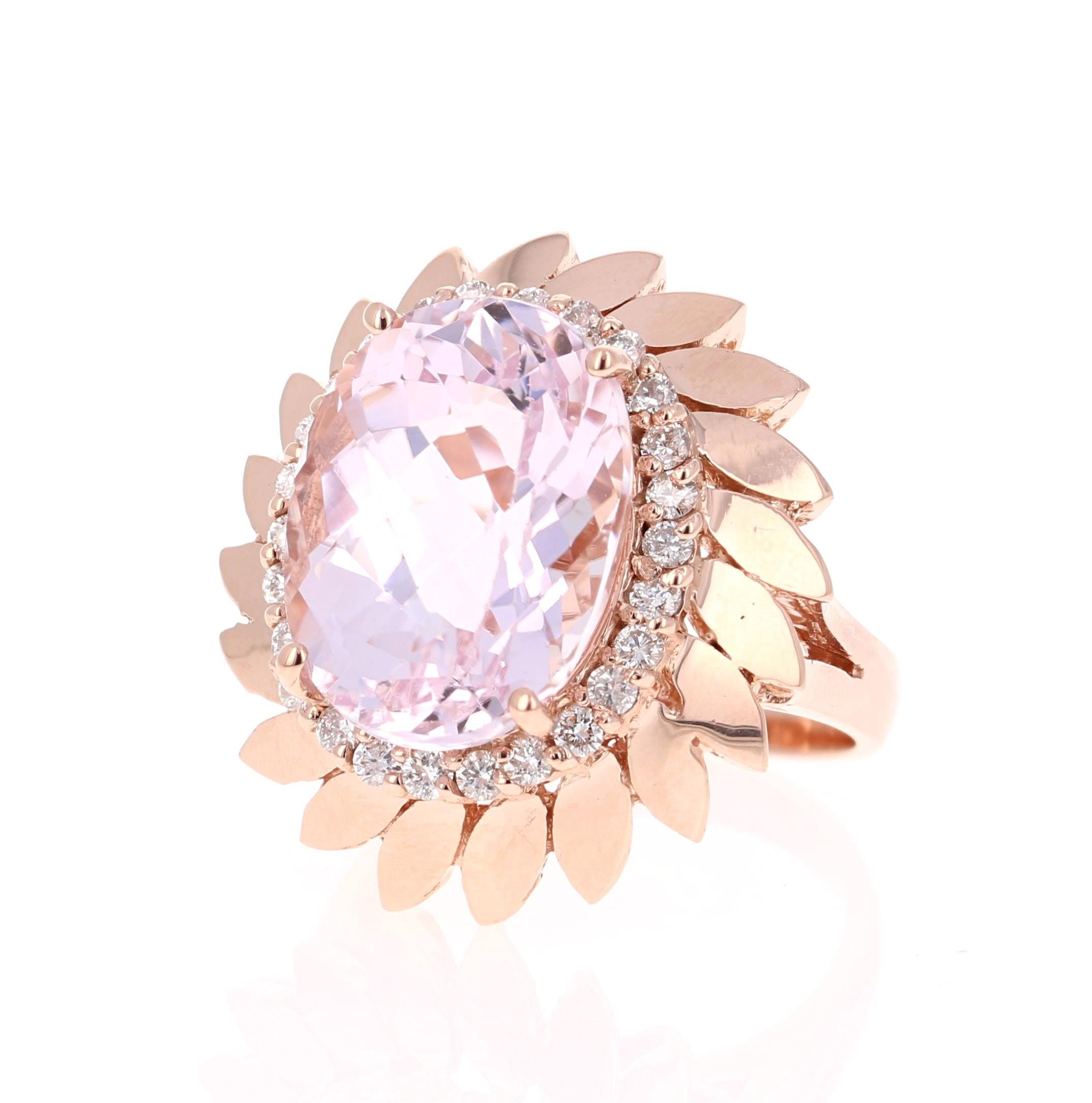 Women's 12.26 Carat Oval Cut Kunzite Diamond 14 Karat Rose Gold Cocktail Ring For Sale