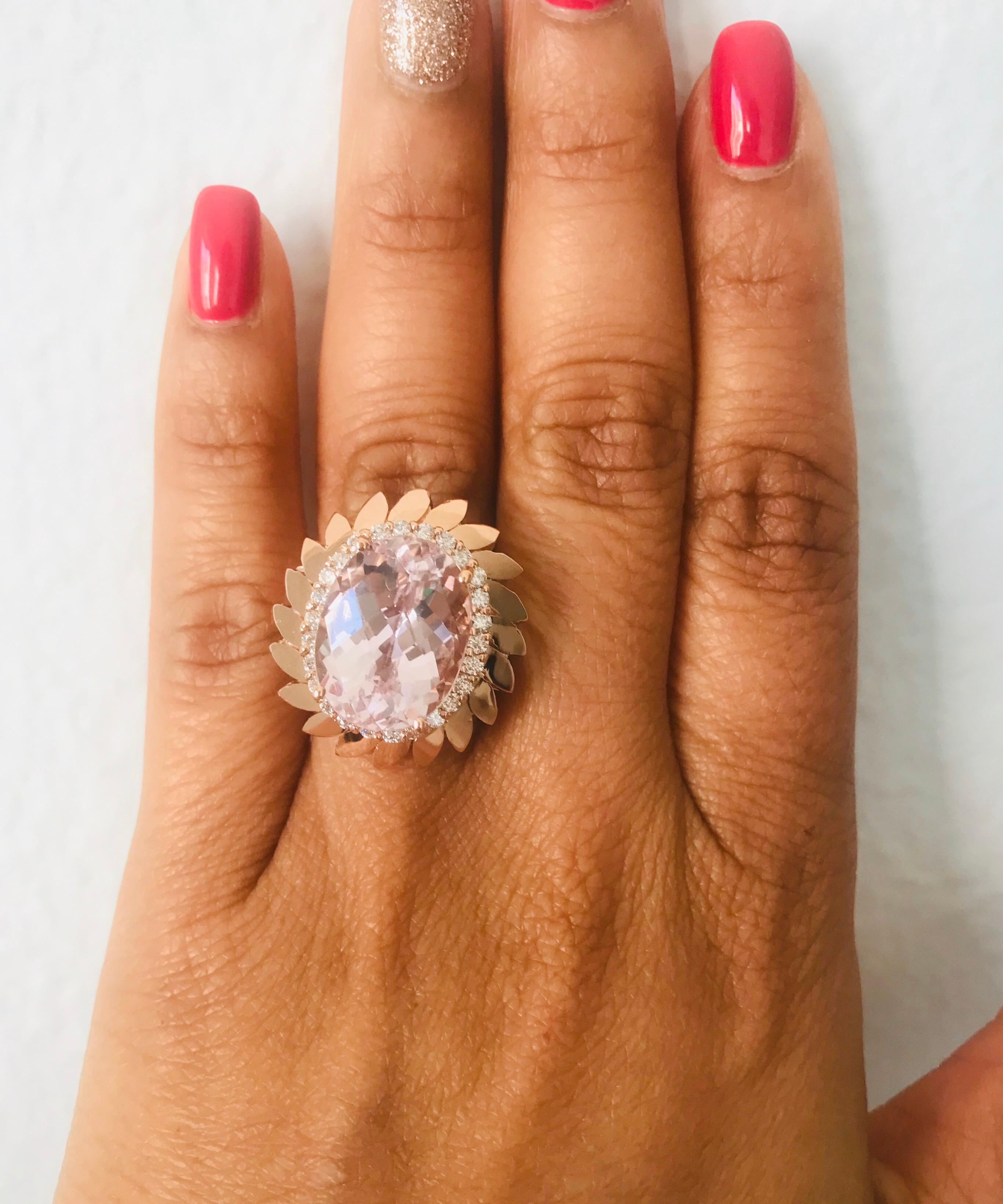 12.26 Carat Oval Cut Kunzite Diamond 14 Karat Rose Gold Cocktail Ring For Sale 5