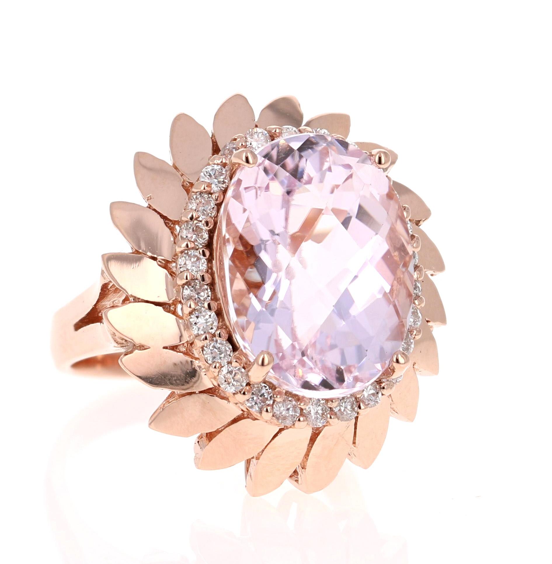 12.26 Carat Oval Cut Kunzite Diamond 14 Karat Rose Gold Cocktail Ring For Sale 1