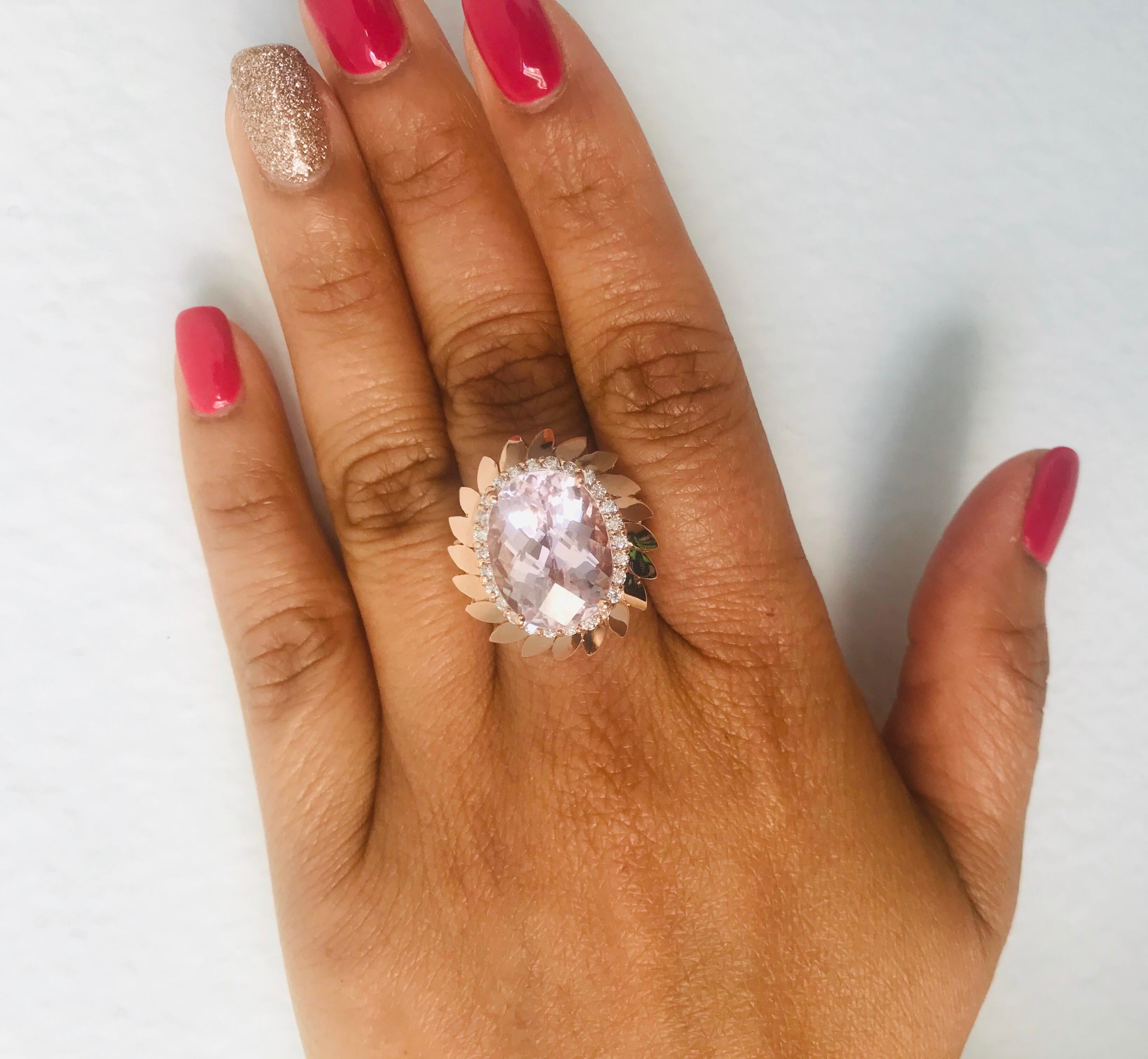 12.26 Carat Oval Cut Kunzite Diamond 14 Karat Rose Gold Cocktail Ring For Sale 2