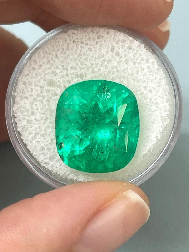 Modern 12.27 Carat Muzo Yellowish Green Colombian Emerald - Cushion Cut May Birthstone For Sale