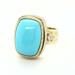 12.28 Carat Sleeping Beauty Turquoise Cabochon Diamond Band Ring 18k Yellow Gold