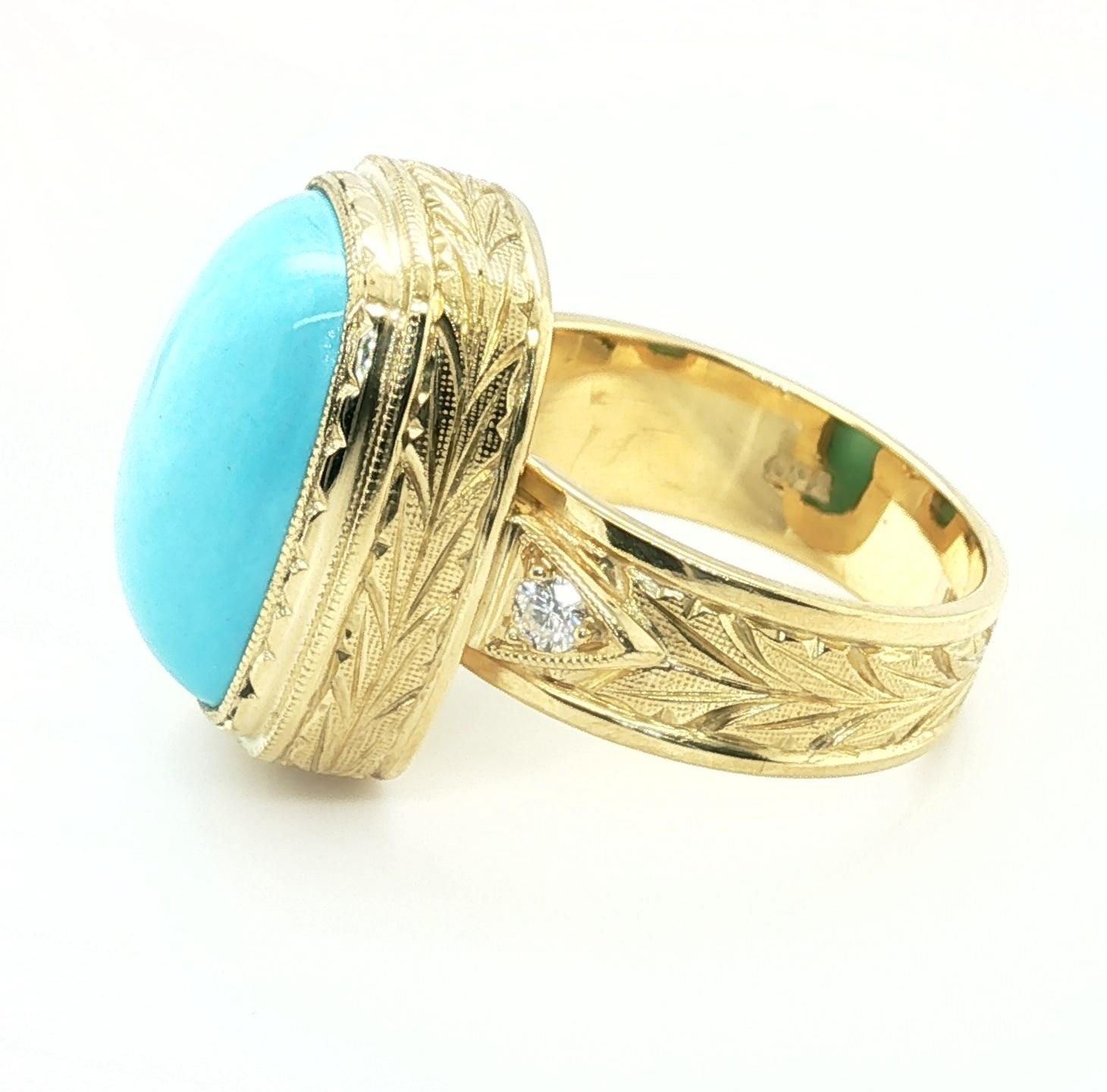 Artigiano Anello a fascia in oro giallo 18 carati con diamante e cabochon di turchese Bella Addormentata da 12,28 carati in vendita