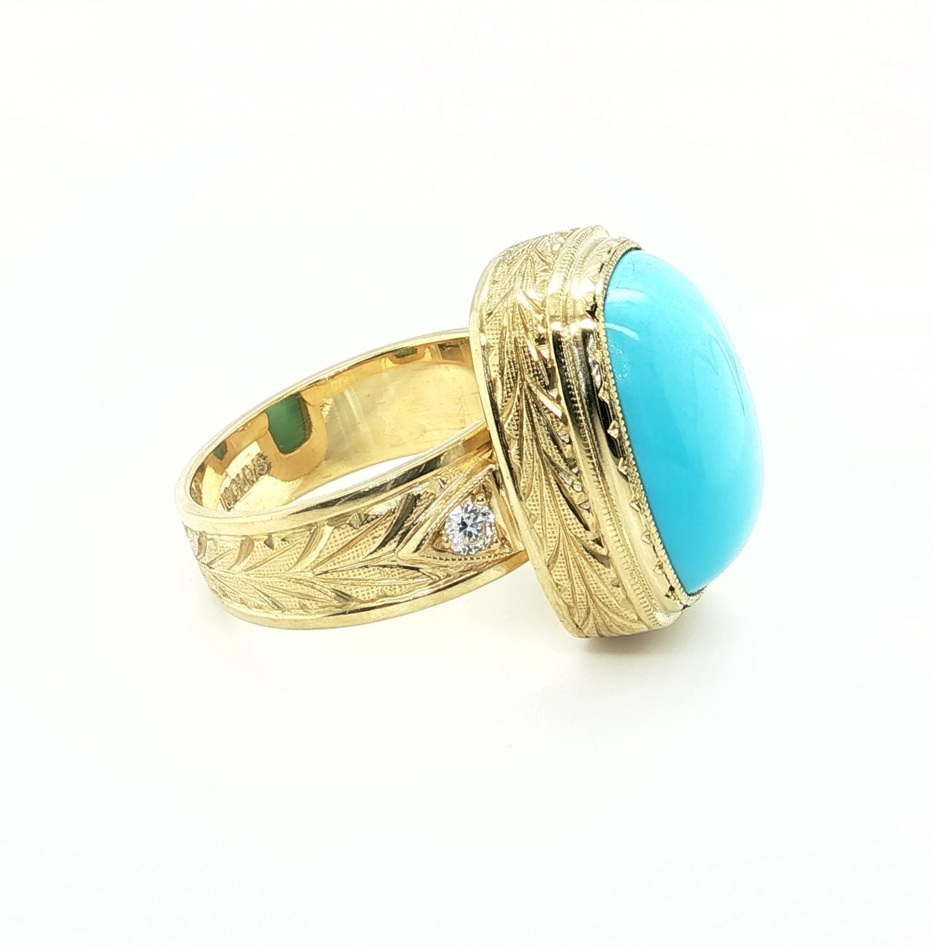 Cabochon Anello a fascia in oro giallo 18 carati con diamante e cabochon di turchese Bella Addormentata da 12,28 carati in vendita