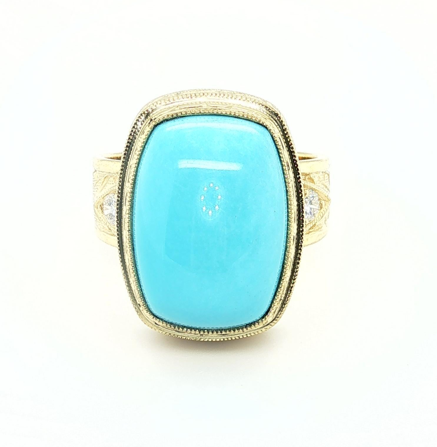 Anello a fascia in oro giallo 18 carati con diamante e cabochon di turchese Bella Addormentata da 12,28 carati In condizioni Nuovo in vendita a Los Angeles, CA