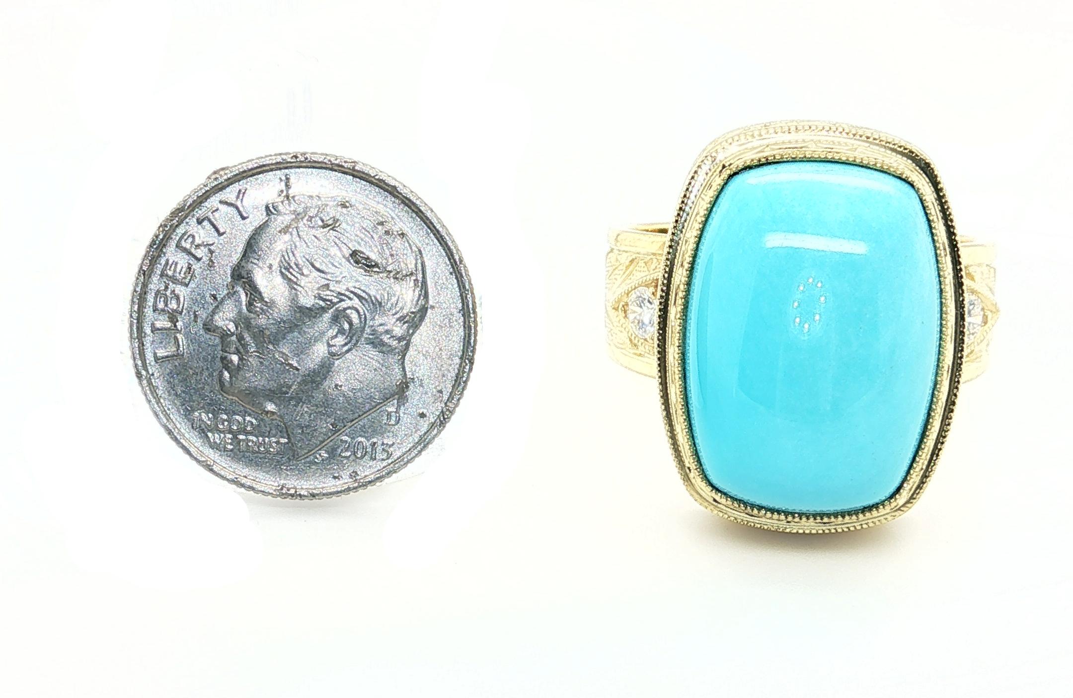 da uomo o donna Anello a fascia in oro giallo 18 carati con diamante e cabochon di turchese Bella Addormentata da 12,28 carati in vendita