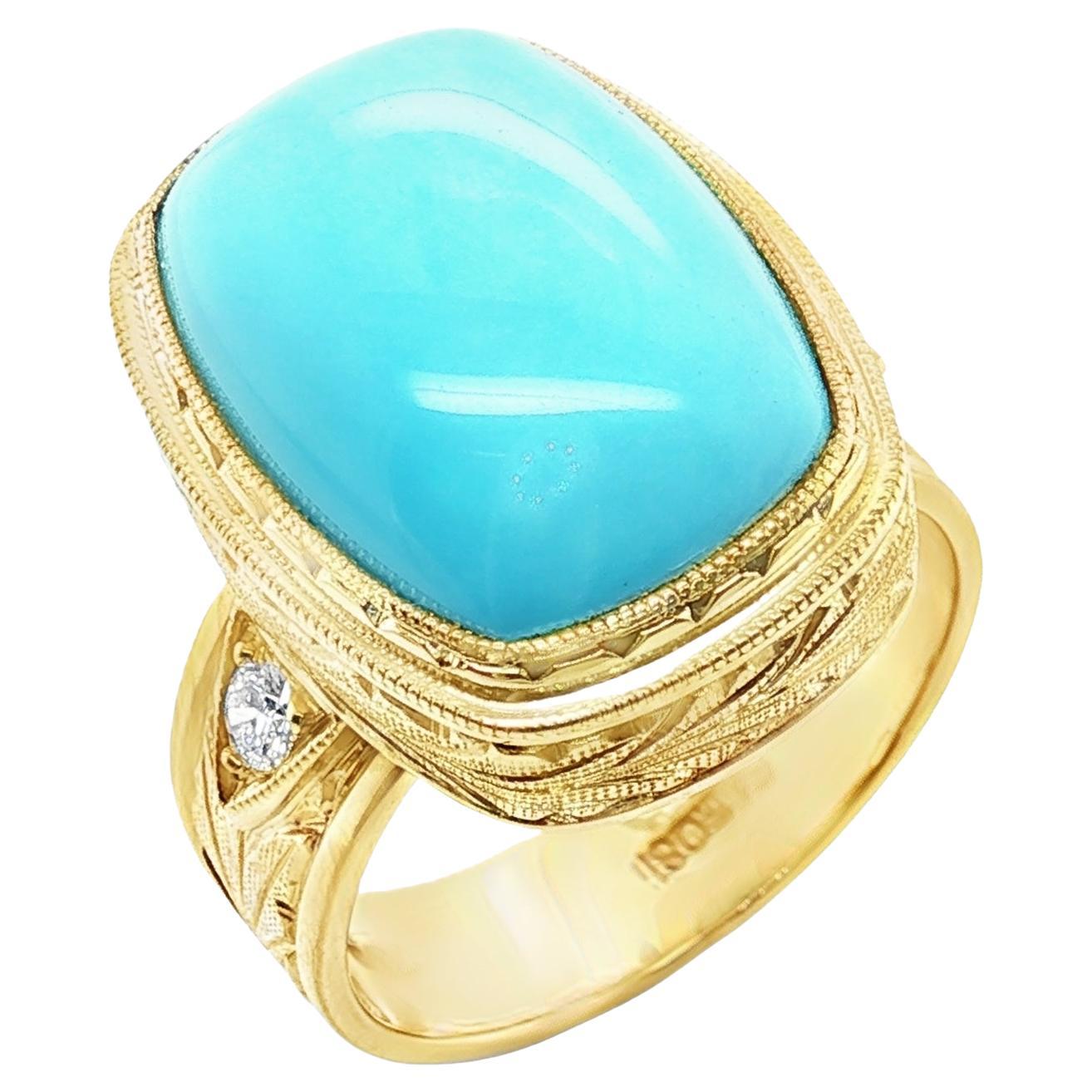 Anello a fascia in oro giallo 18 carati con diamante e cabochon di turchese Bella Addormentata da 12,28 carati in vendita