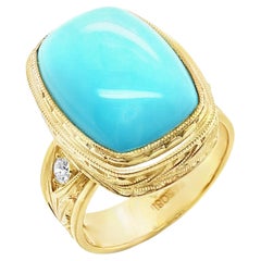 Anello a fascia in oro giallo 18 carati con diamante e cabochon di turchese Bella Addormentata da 12,28 carati