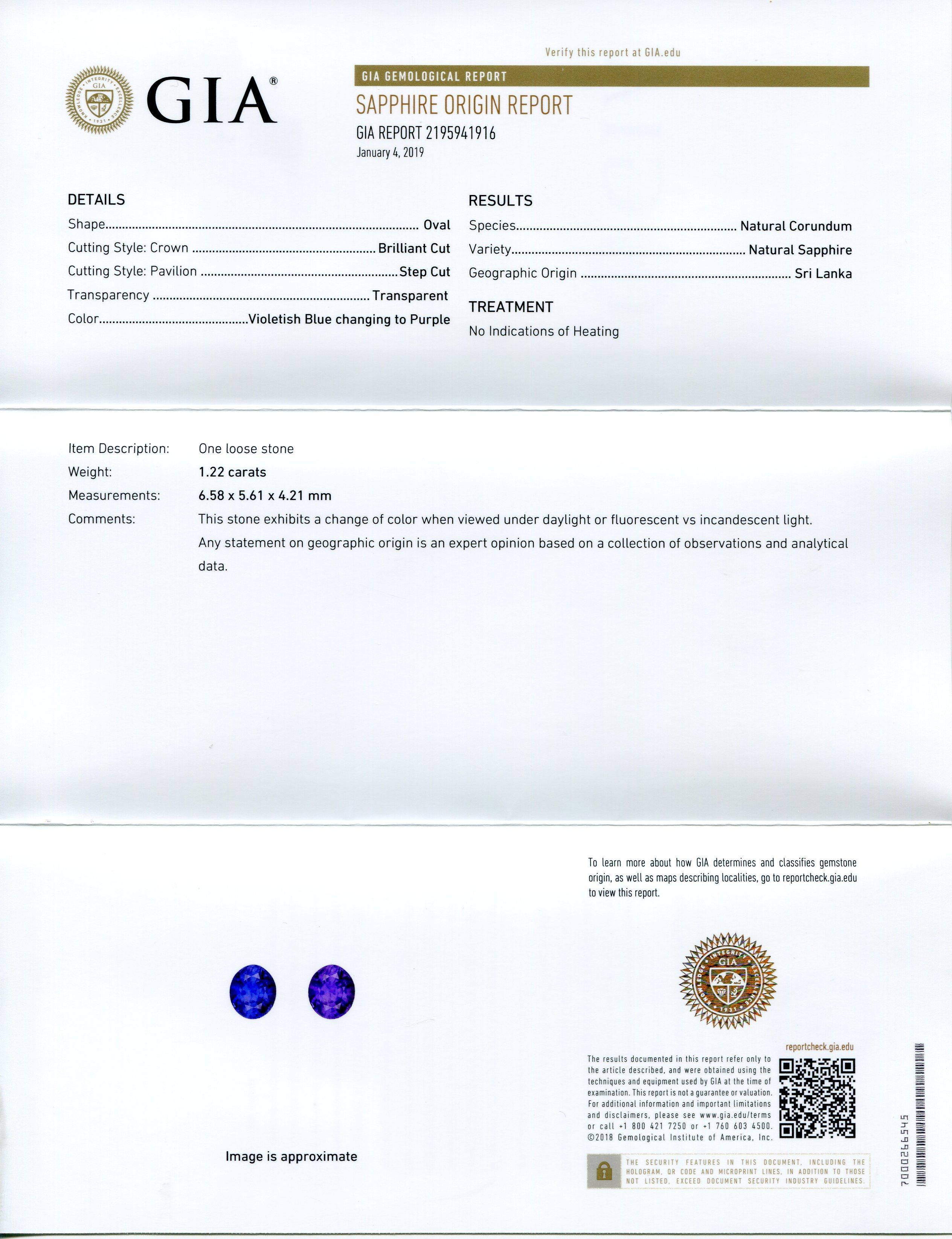 Oval Cut 1.22ct Color Change Sapphire Oval GIA Certified Unheated, Sri Lanka, Vivid Viole For Sale