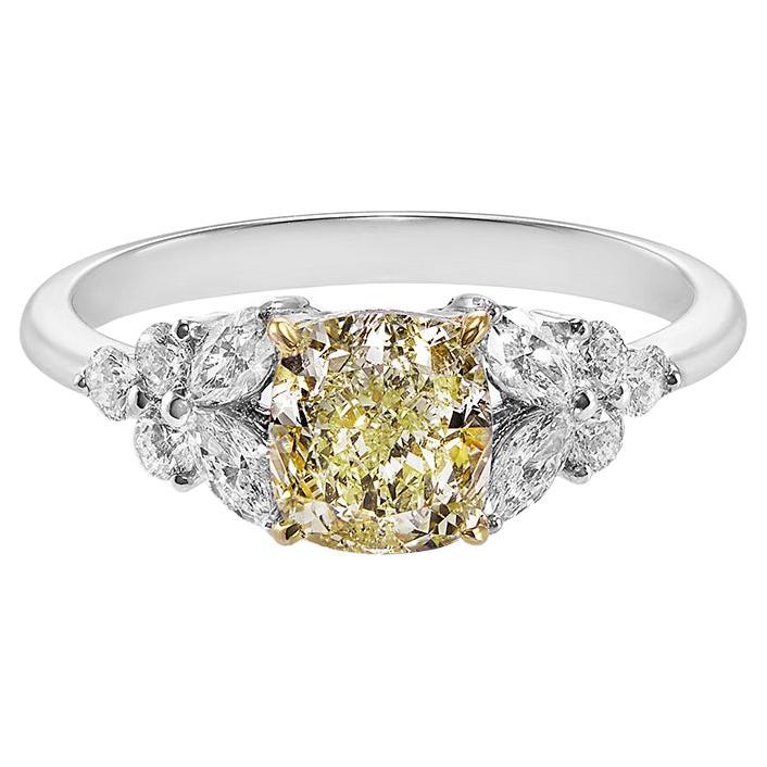 For Sale:  1.02ct Cushion Cut Modified Brilliant Light Yellow Diamond Ring