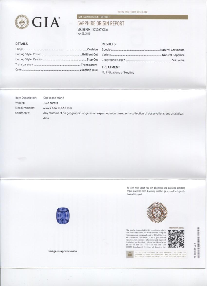 Saphir bleu violet coussin de 1,22 carat, certifié GIA, non chauffé, Sri Lanka Unisexe en vente