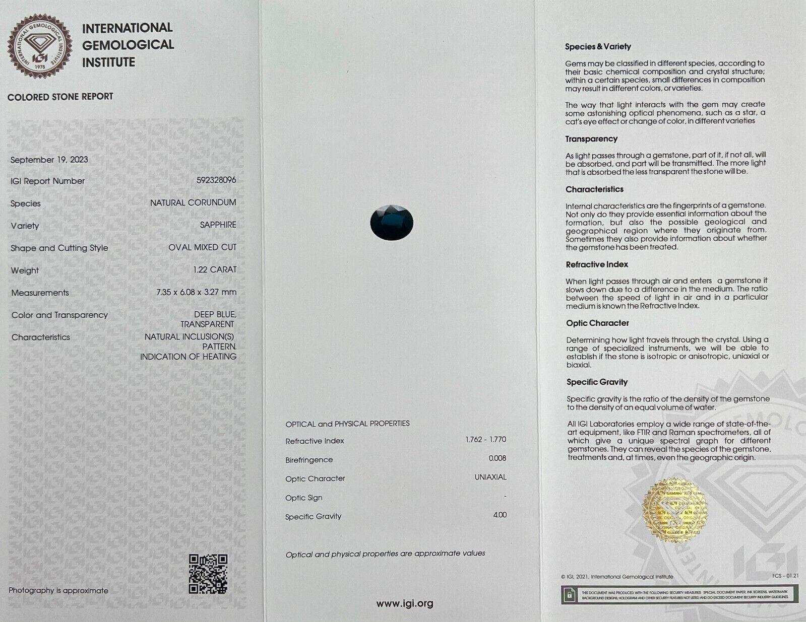 1.22ct Deep Blue Natural Sapphire Rare Oval Cut IGI Certified Loose Gemstone VVS en vente 1