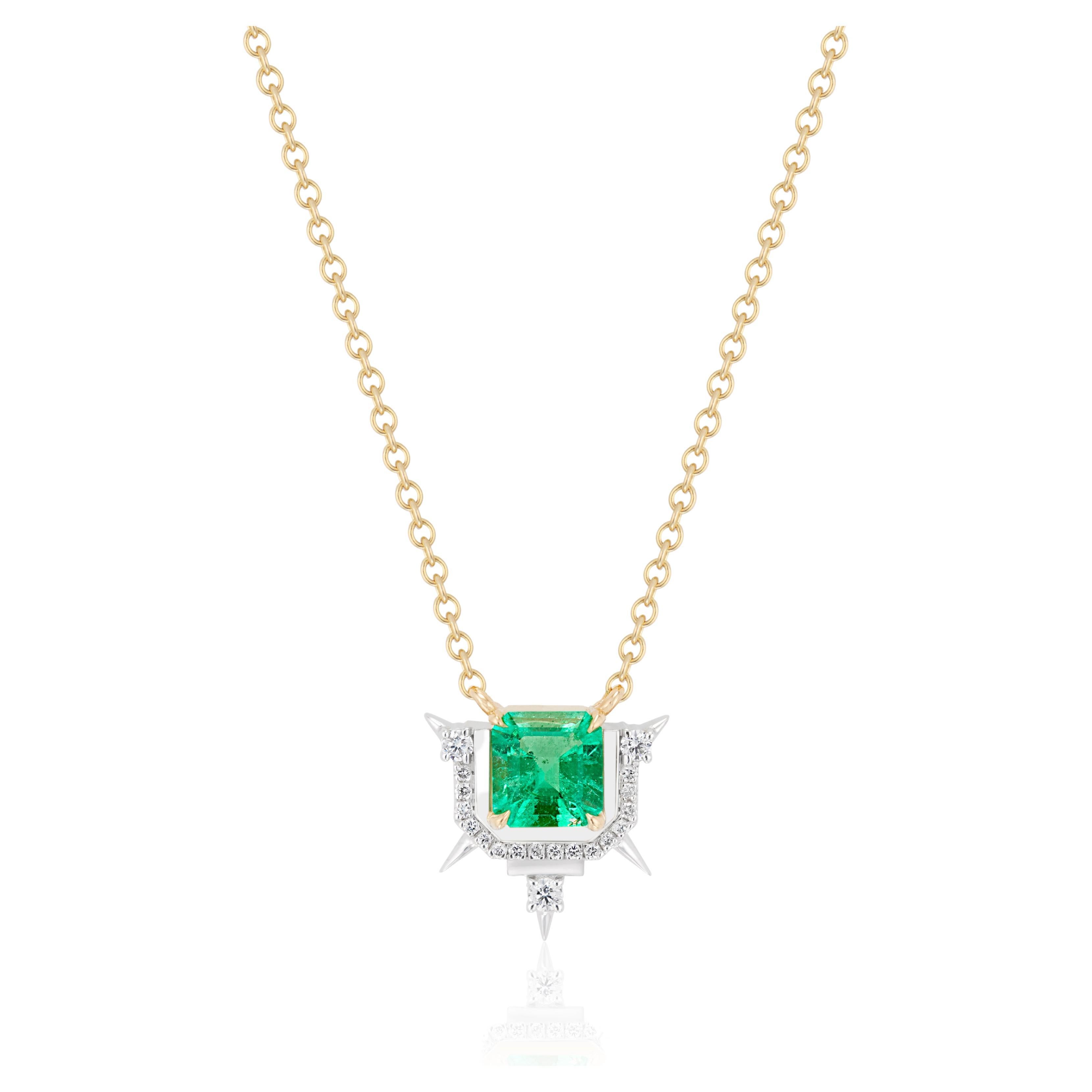 1.22ct Emerald Cut Muzo Colombian Emerald & Diamond Spike Pendant Necklace