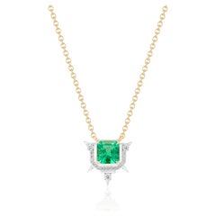 1.22ct Emerald Cut Muzo Colombian Emerald & Diamond Spike Pendant Necklace