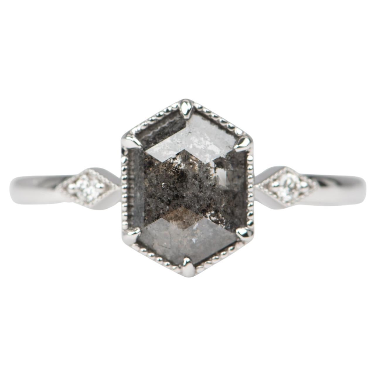 1.22ct Hexagon Shape Salt and Pepper Diamond 14K White Gold Engagement Ring