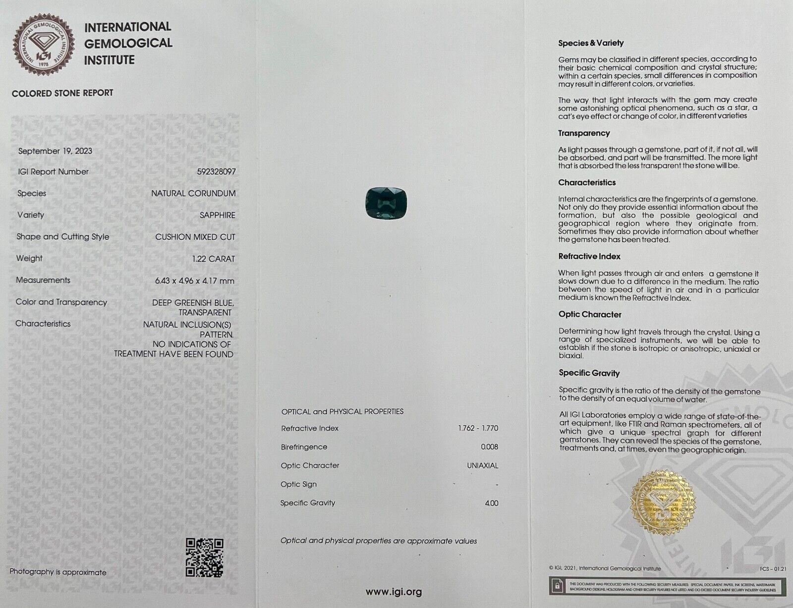 1.22ct Natural Deep Green Blue Teal Sapphire Unheated Cushion Cut IGI Certified (Saphir non chauffé, taille en coussin) en vente 1