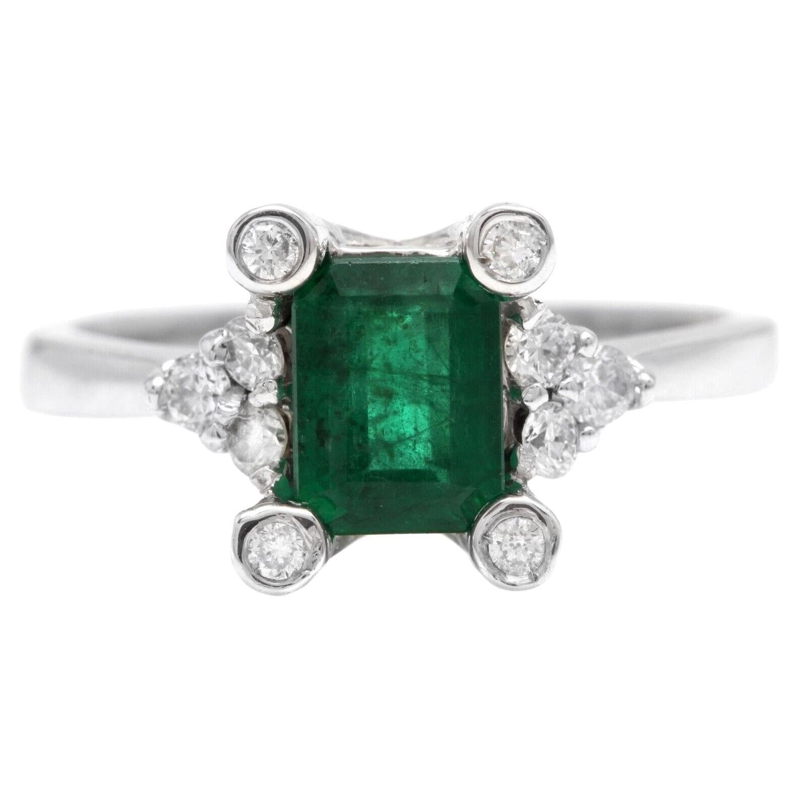 1.22Ct Natural Emerald and Diamond 14k Solid White Gold Ring For Sale