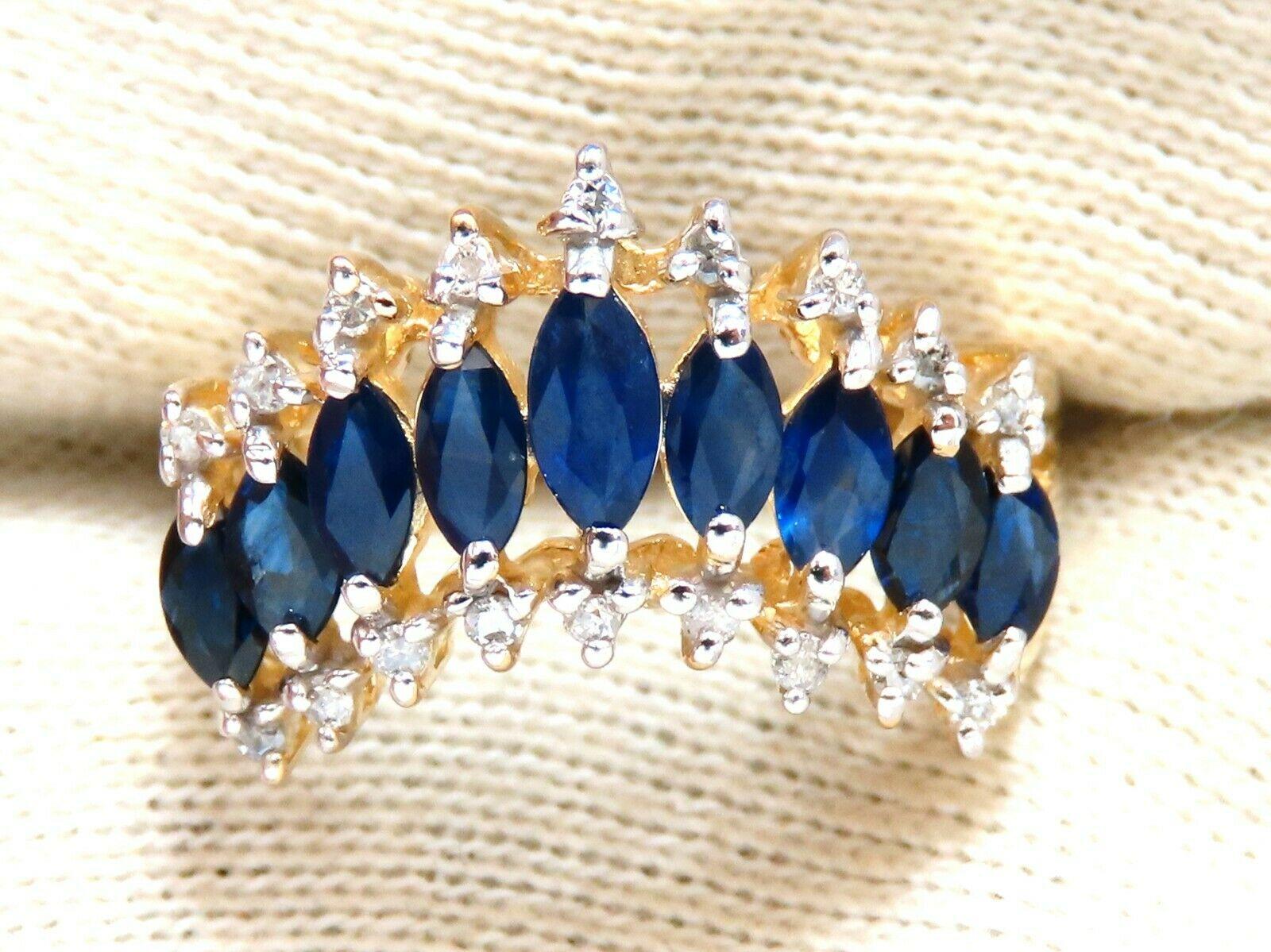 Classic Diamond & Sapphires, Chevron Band

1.00ct. Natural Marquise Cut Sapphires

Vibrant Royal Blue & transparent

Full cut and Full Faceted.



.22ct round cut diamonds on side.

J-color I-2 Clarity

4.7 grams / 14kt yellow gold

current ring