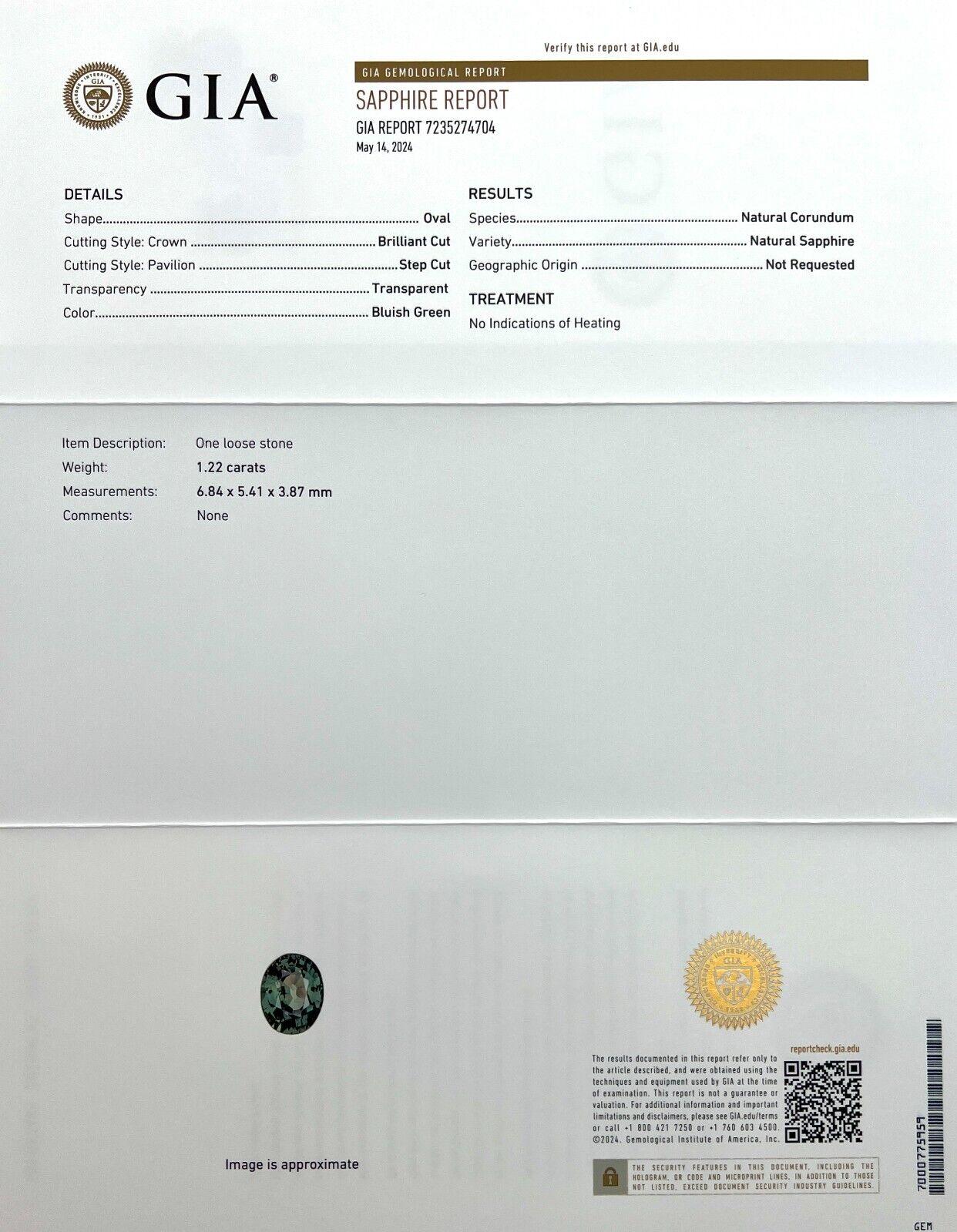 1.22ct Natural Sapphire Bluish Green Gia Certified Unheated Oval Cut Untreated In New Condition For Sale In Birmingham, GB
