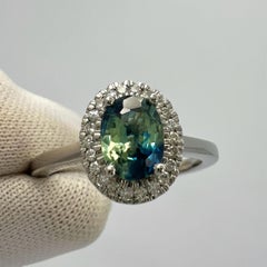 1.22ct Parti Bi Colour Oval Cut Blue Green Sapphire & Diamond Platinum Halo Ring