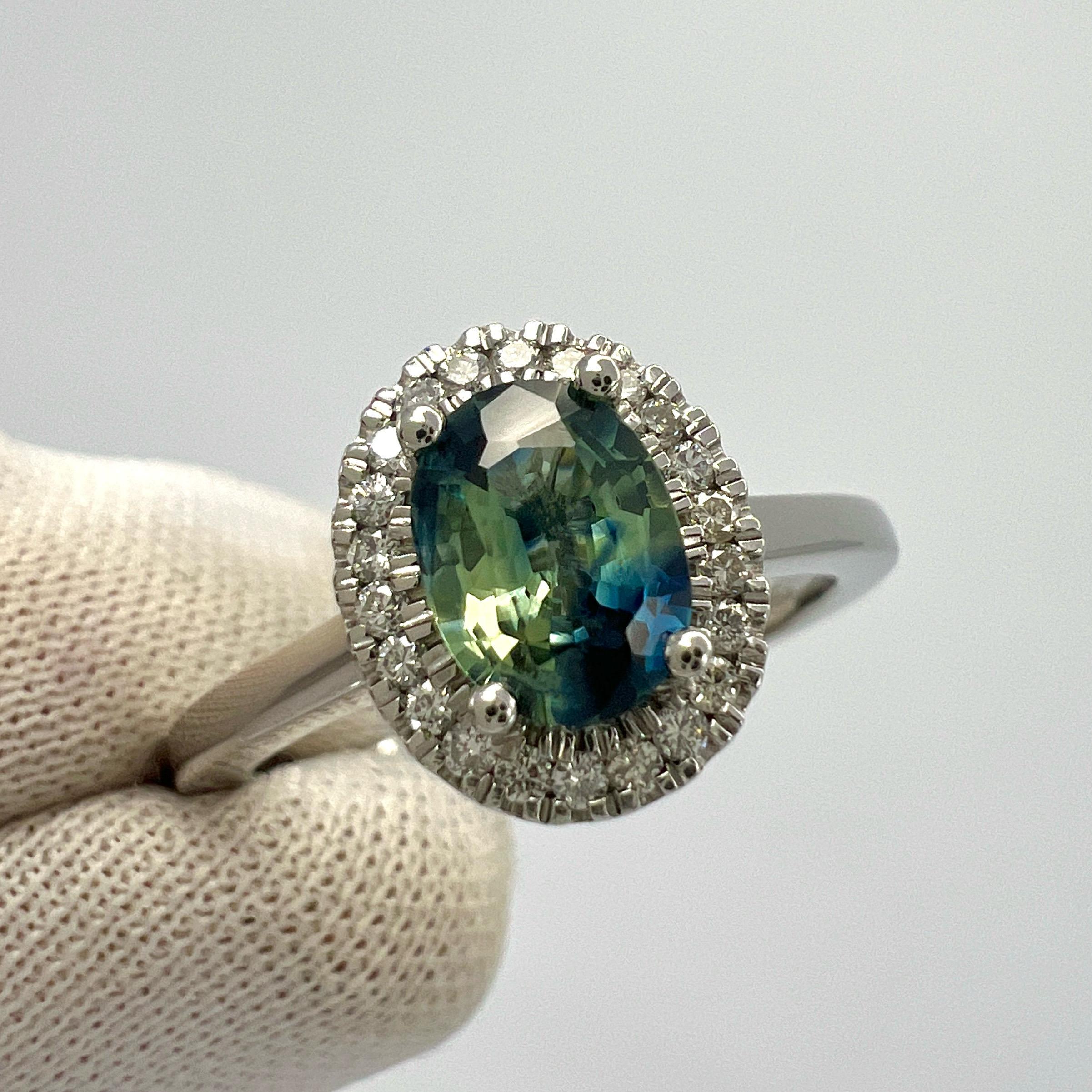 1.22ct Parti Bi Colour Oval Cut Blue Green Sapphire & Diamond Platinum Halo Ring In New Condition For Sale In Birmingham, GB