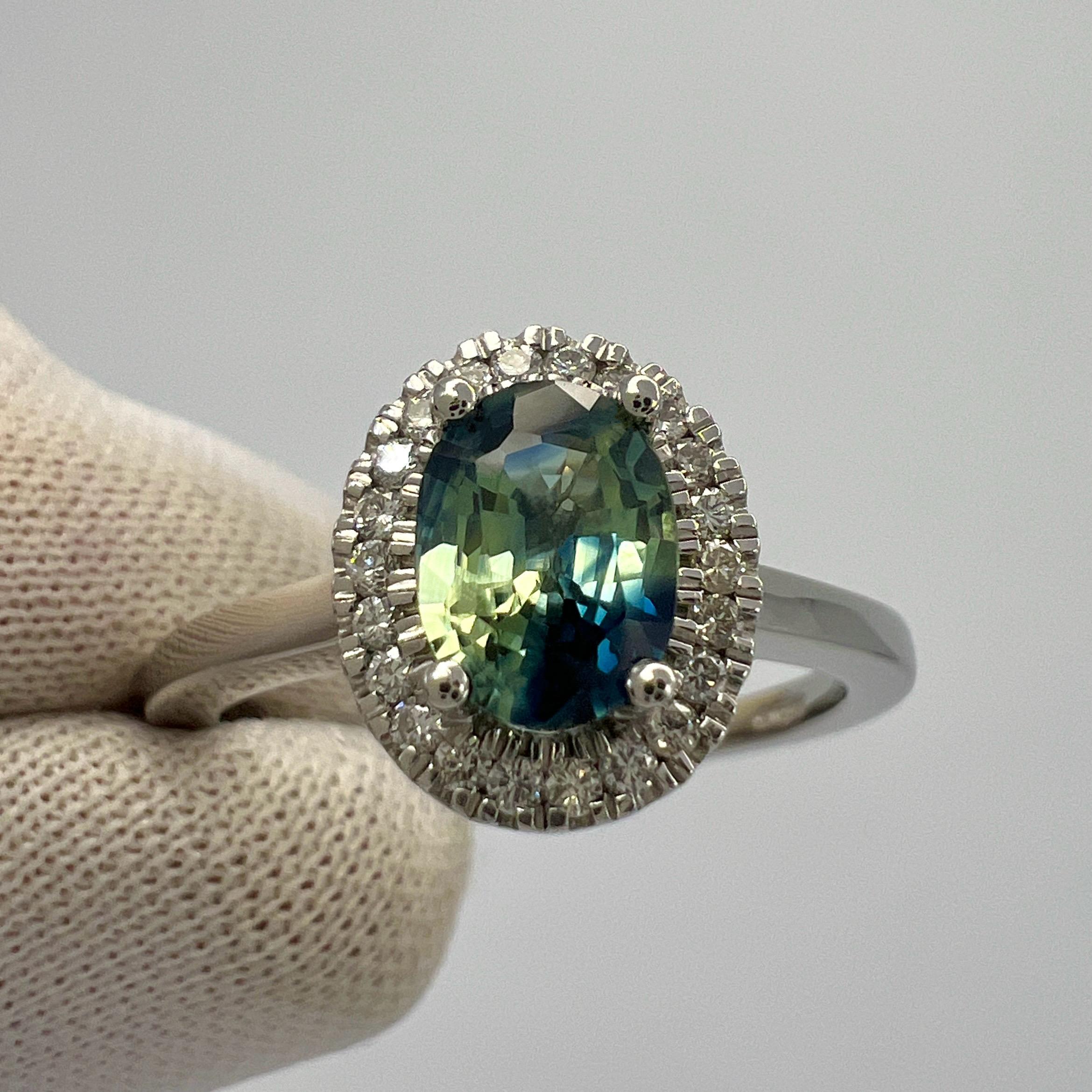 1.22ct Parti Bi Colour Oval Cut Blue Green Sapphire & Diamond Platinum Halo Ring For Sale 1