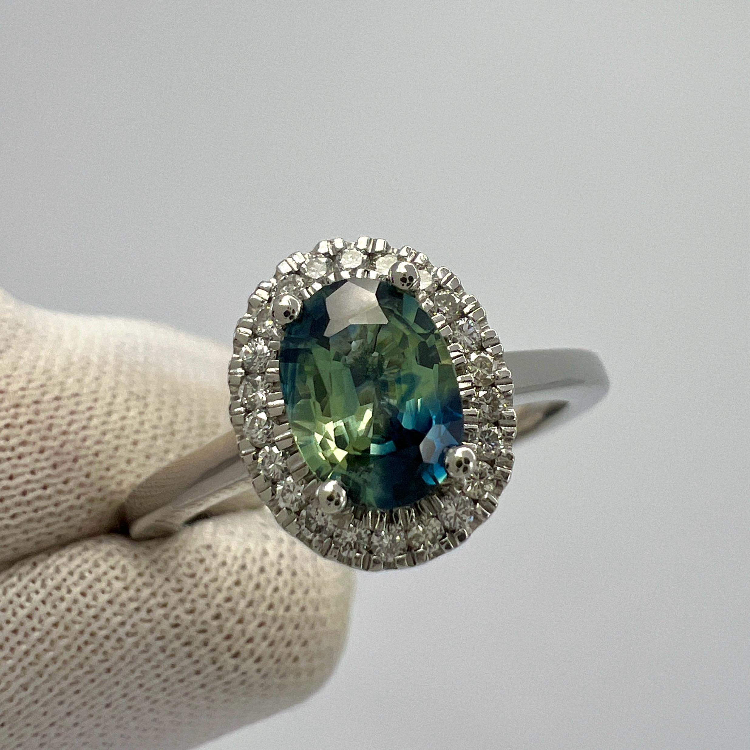1.22ct Parti Bi Colour Oval Cut Blue Green Sapphire & Diamond Platinum Halo Ring For Sale 2