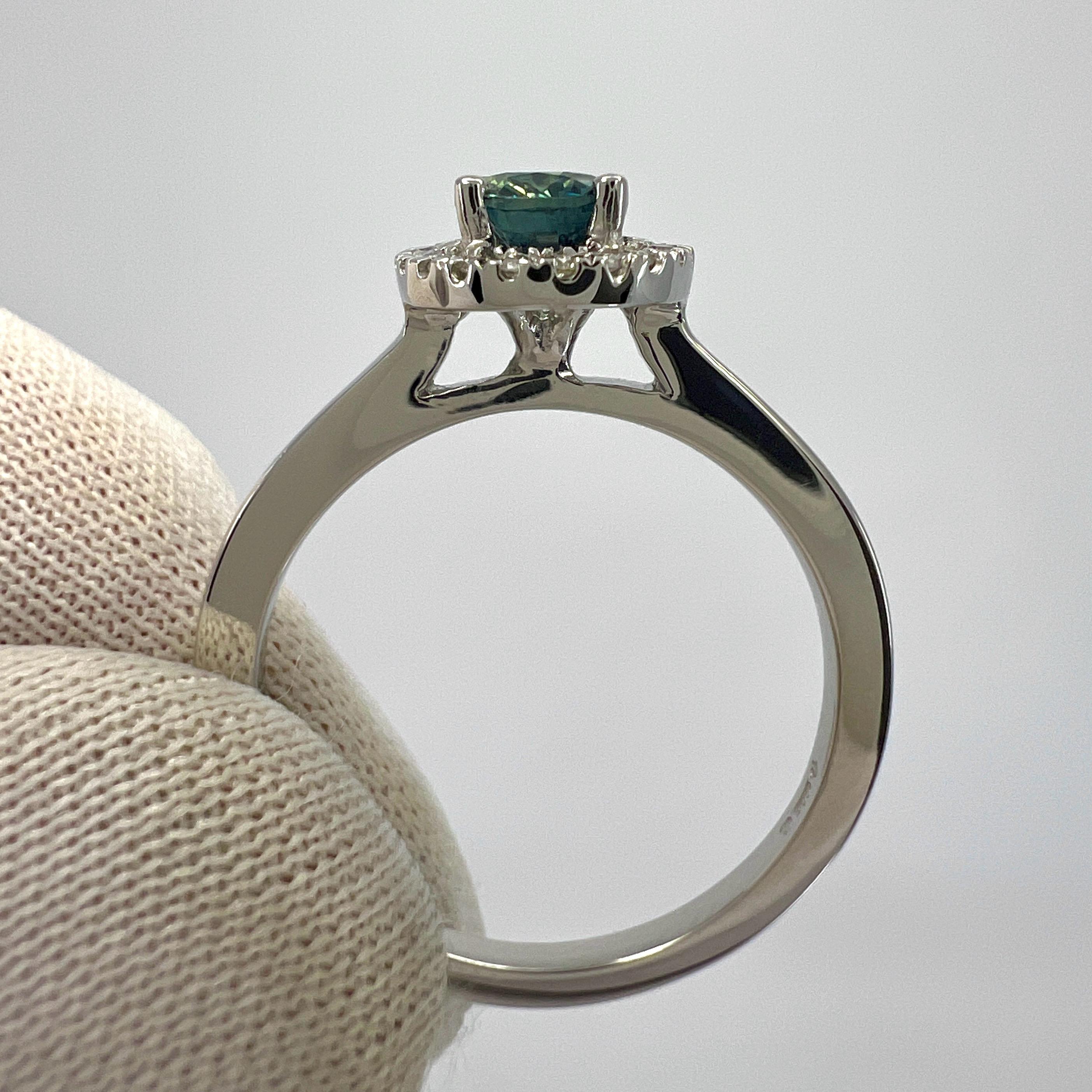 1.22ct Parti Bi Colour Oval Cut Blue Green Sapphire & Diamond Platinum Halo Ring For Sale 3