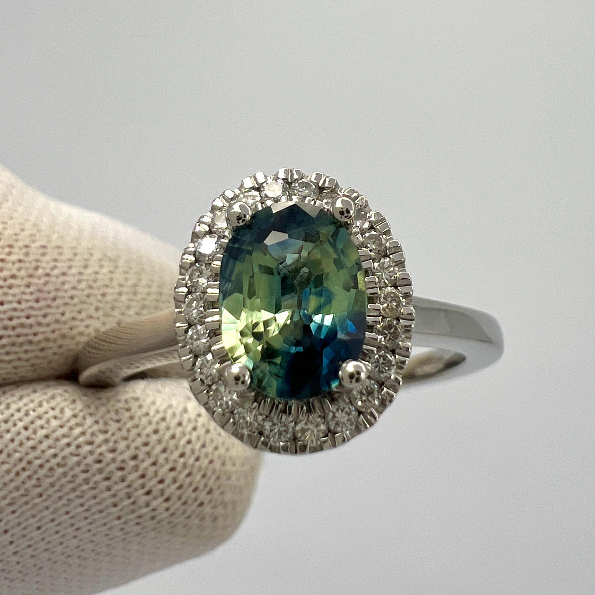 1.22ct Parti Bi Colour Oval Cut Blue Green Sapphire & Diamond Platinum Halo Ring For Sale 4