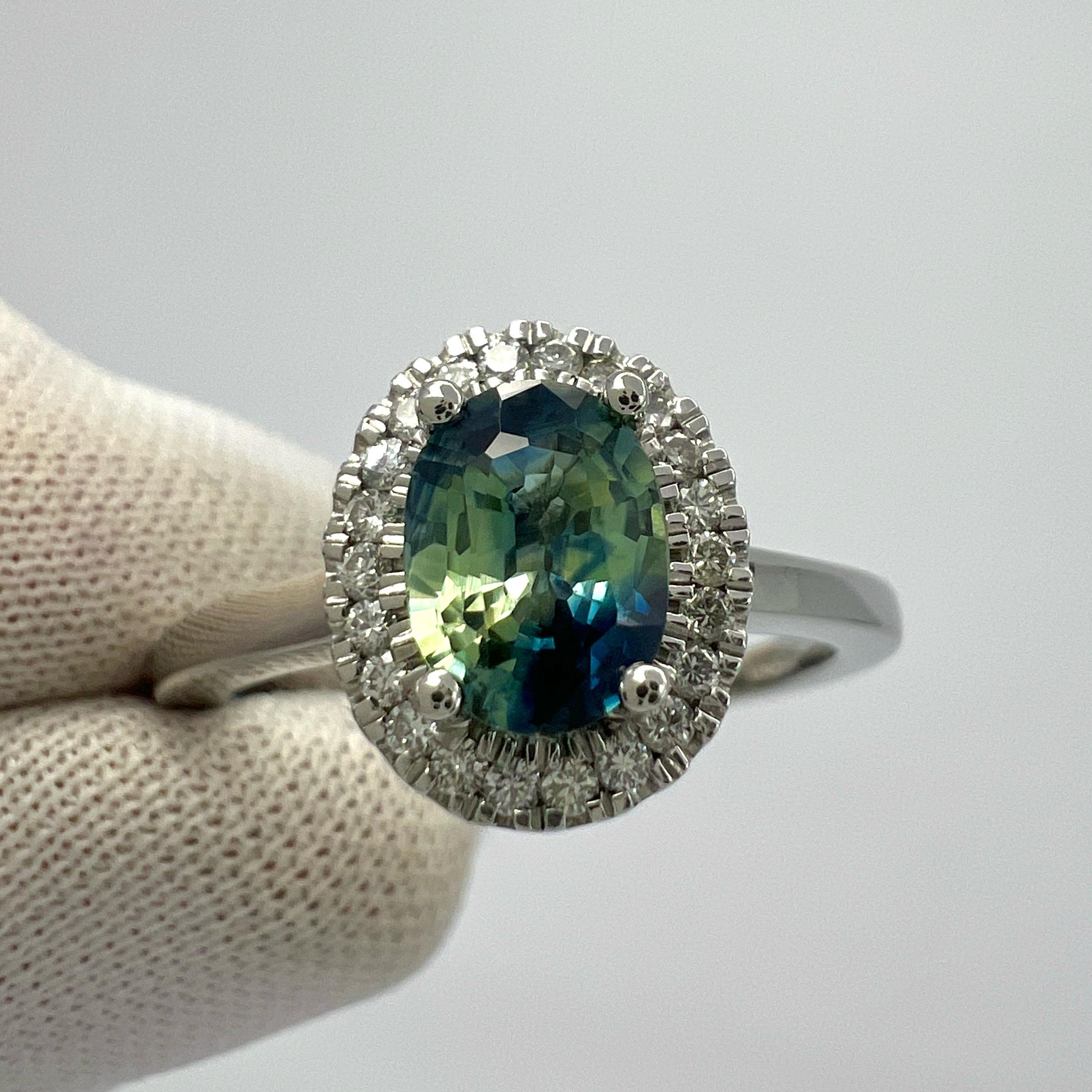 1.22ct Parti Bi Colour Oval Cut Blue Green Sapphire & Diamond Platinum Halo Ring For Sale 5