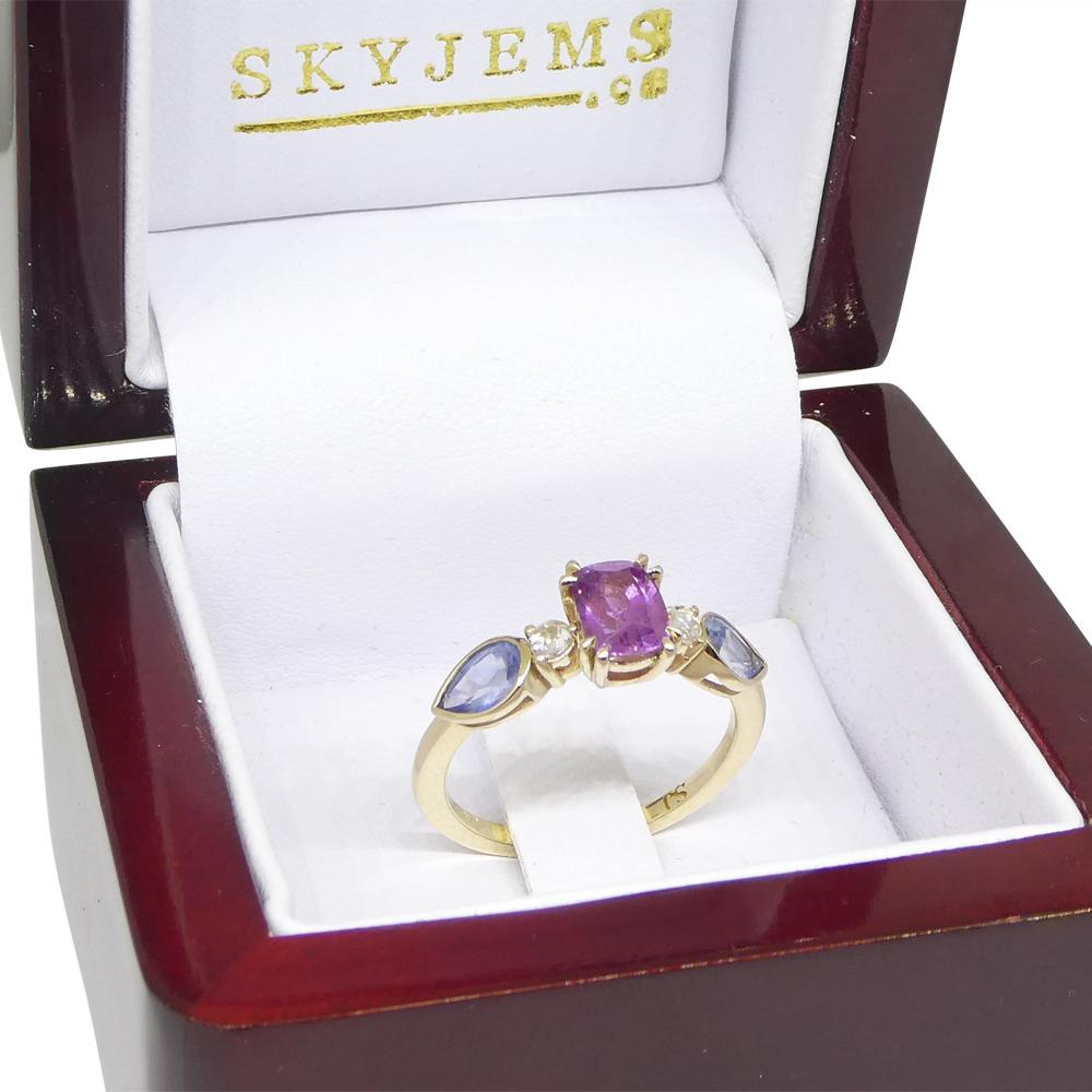 1.22ct Purple & Blue Sapphire, Diamond Ring Set in 14k Yellow Gold For Sale 6