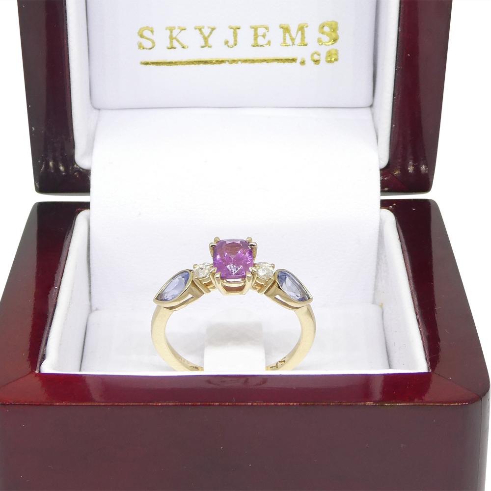 Cushion Cut 1.22ct Purple & Blue Sapphire, Diamond Ring Set in 14k Yellow Gold For Sale