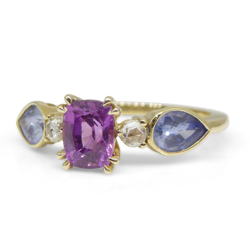 1.22ct Purple & Blue Sapphire, Diamond Ring Set in 14k Yellow Gold For Sale 3