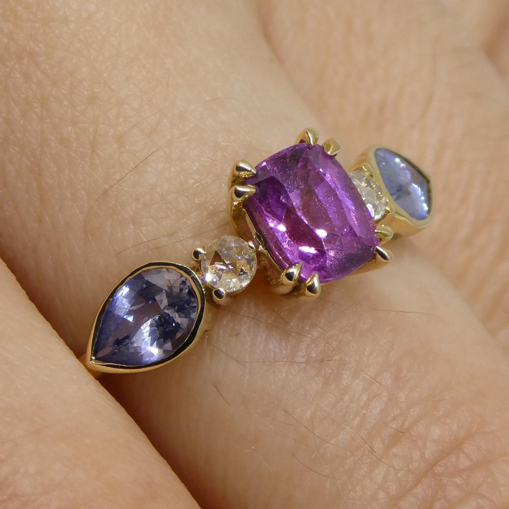 1.22ct Purple & Blue Sapphire, Diamond Ring Set in 14k Yellow Gold For Sale 4