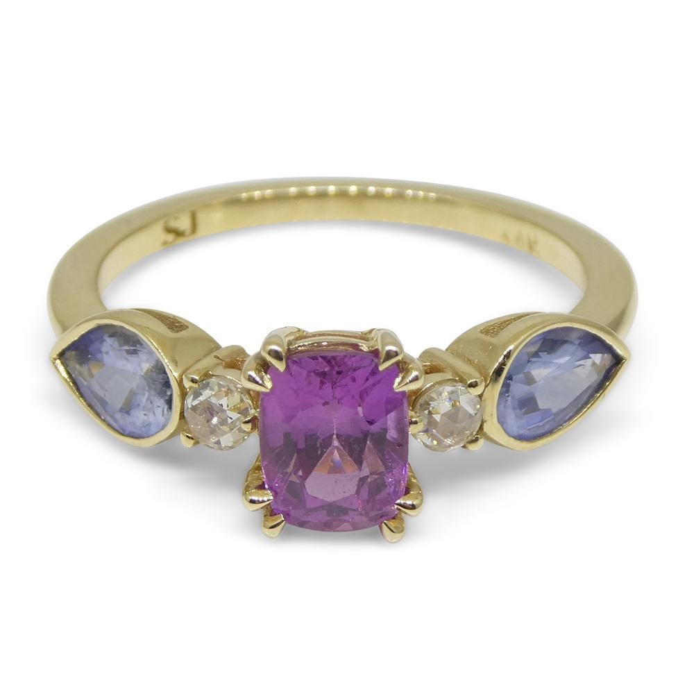 1.22ct Purple & Blue Sapphire, Diamond Ring Set in 14k Yellow Gold For Sale 5