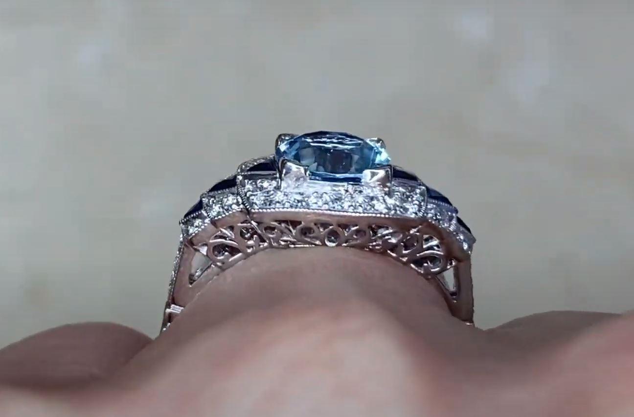1.22ct Round Cut Aquamarine Engagement Ring, Diamond Halo, Platinum For Sale 5
