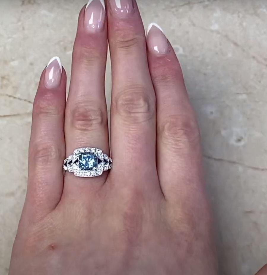 1.22ct Round Cut Aquamarine Engagement Ring, Diamond Halo, Platinum For Sale 6