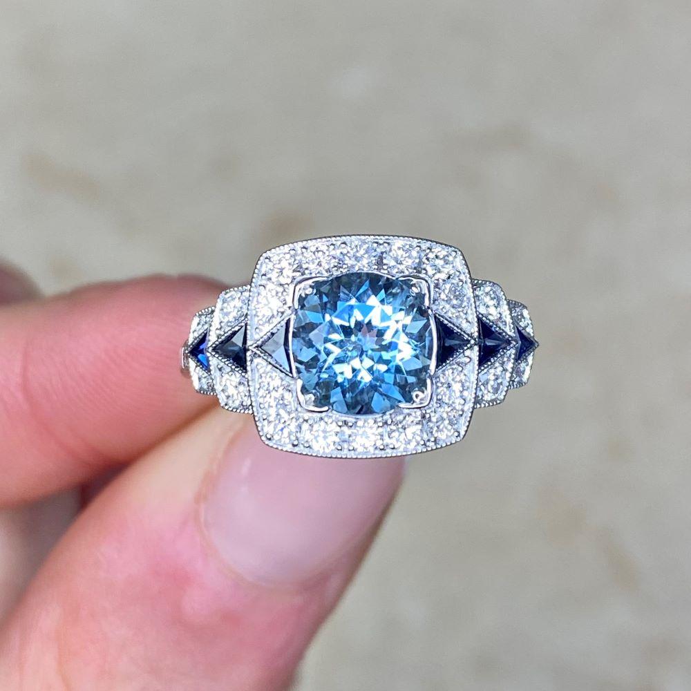1.22ct Round Cut Aquamarine Engagement Ring, Diamond Halo, Platinum For Sale 7