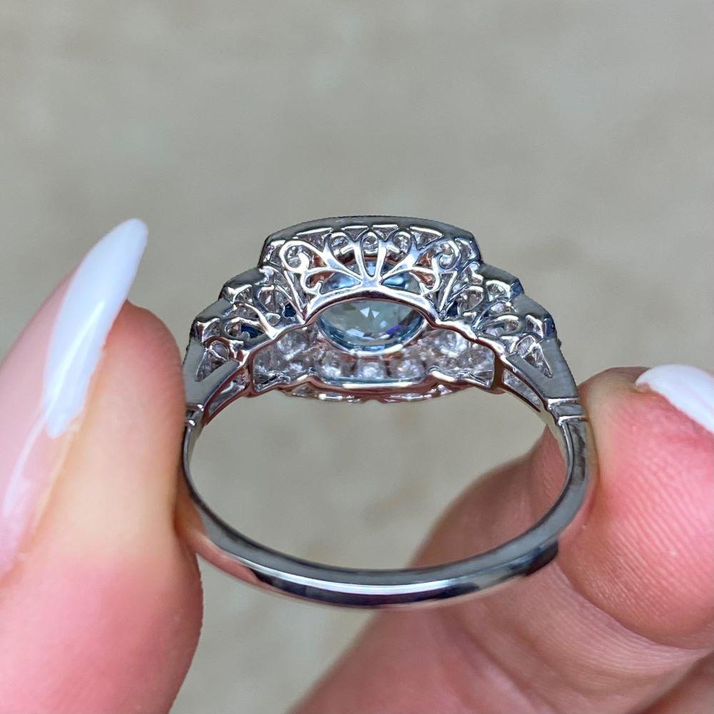 1.22ct Round Cut Aquamarine Engagement Ring, Diamond Halo, Platinum For Sale 8